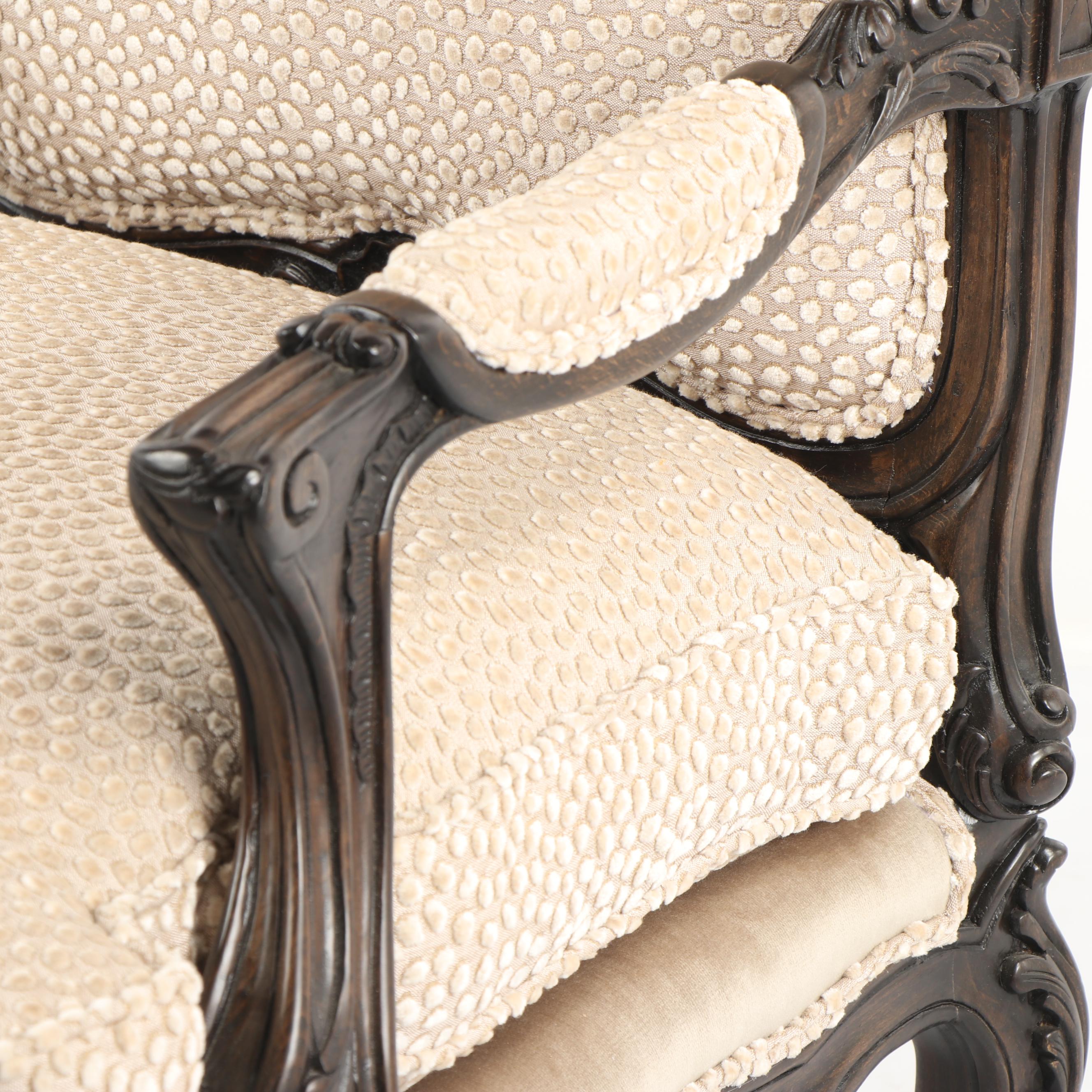 French Provincial Style Carved Wood Armchair and Ottoman, 21st Century