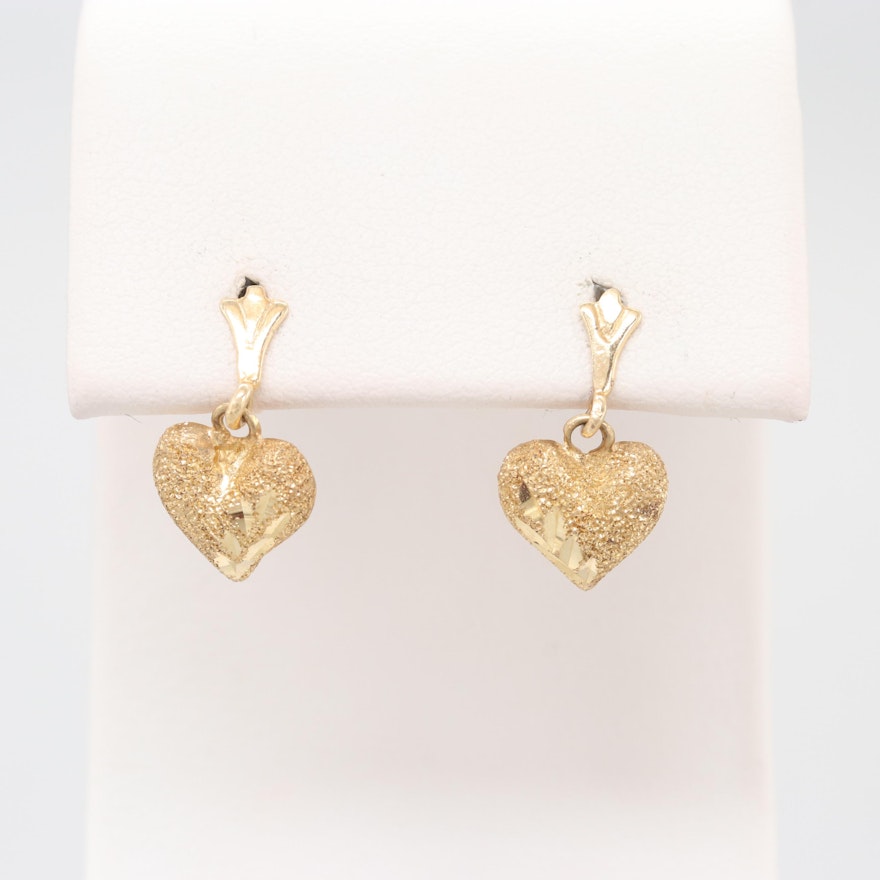 14K Yellow Gold Heart Dangle Earrings