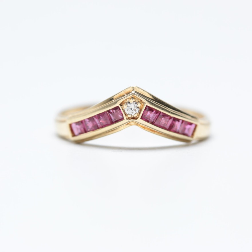 14K Yellow Gold Diamond and Ruby Chevron Ring