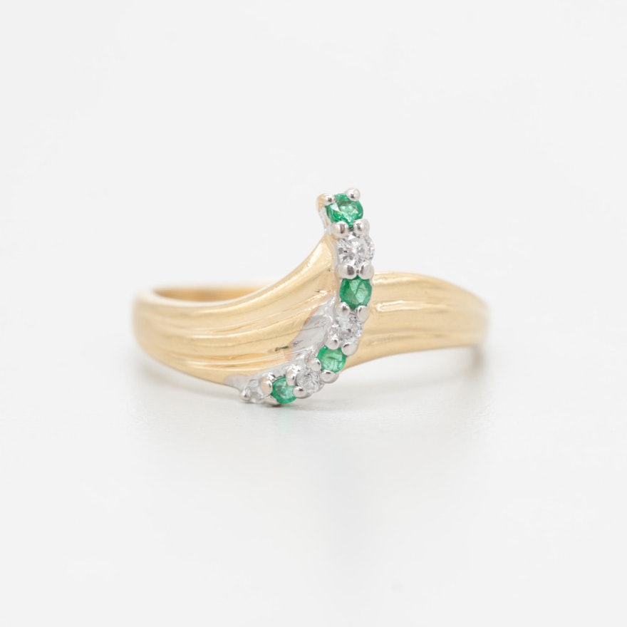 14K Yellow Gold Emerald and Diamond Ring