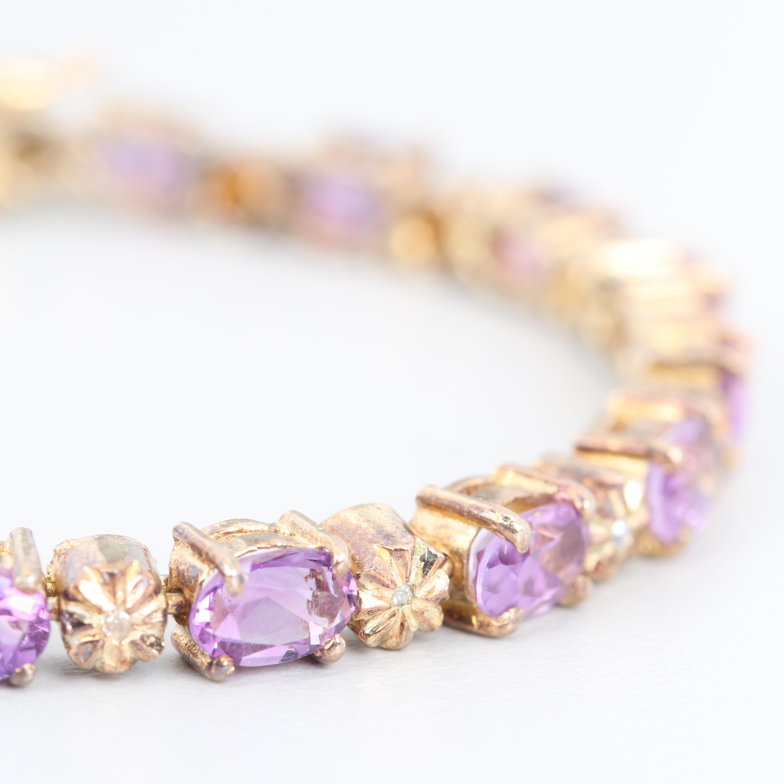 Gold Wash on Sterling Silver 7.20 CTW Amethyst and Diamond Bracelet
