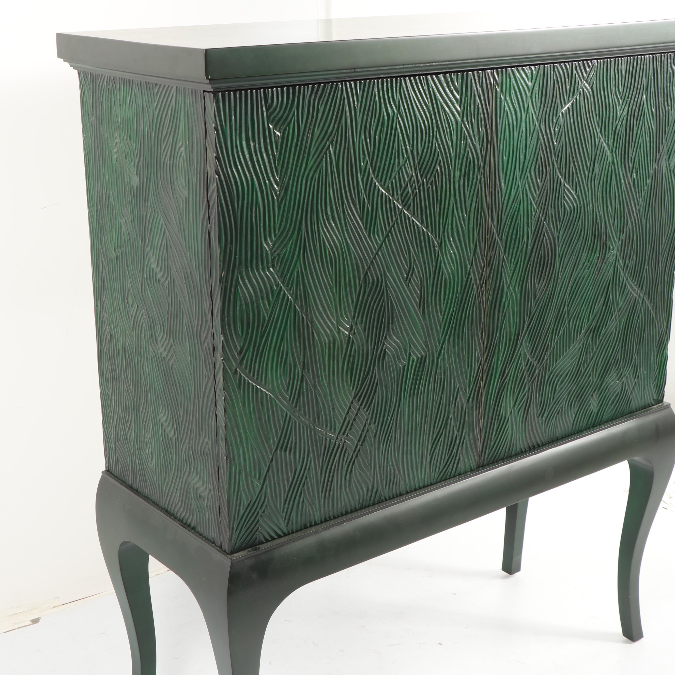 Contemporary Green Painted Carved Wood Cabinet