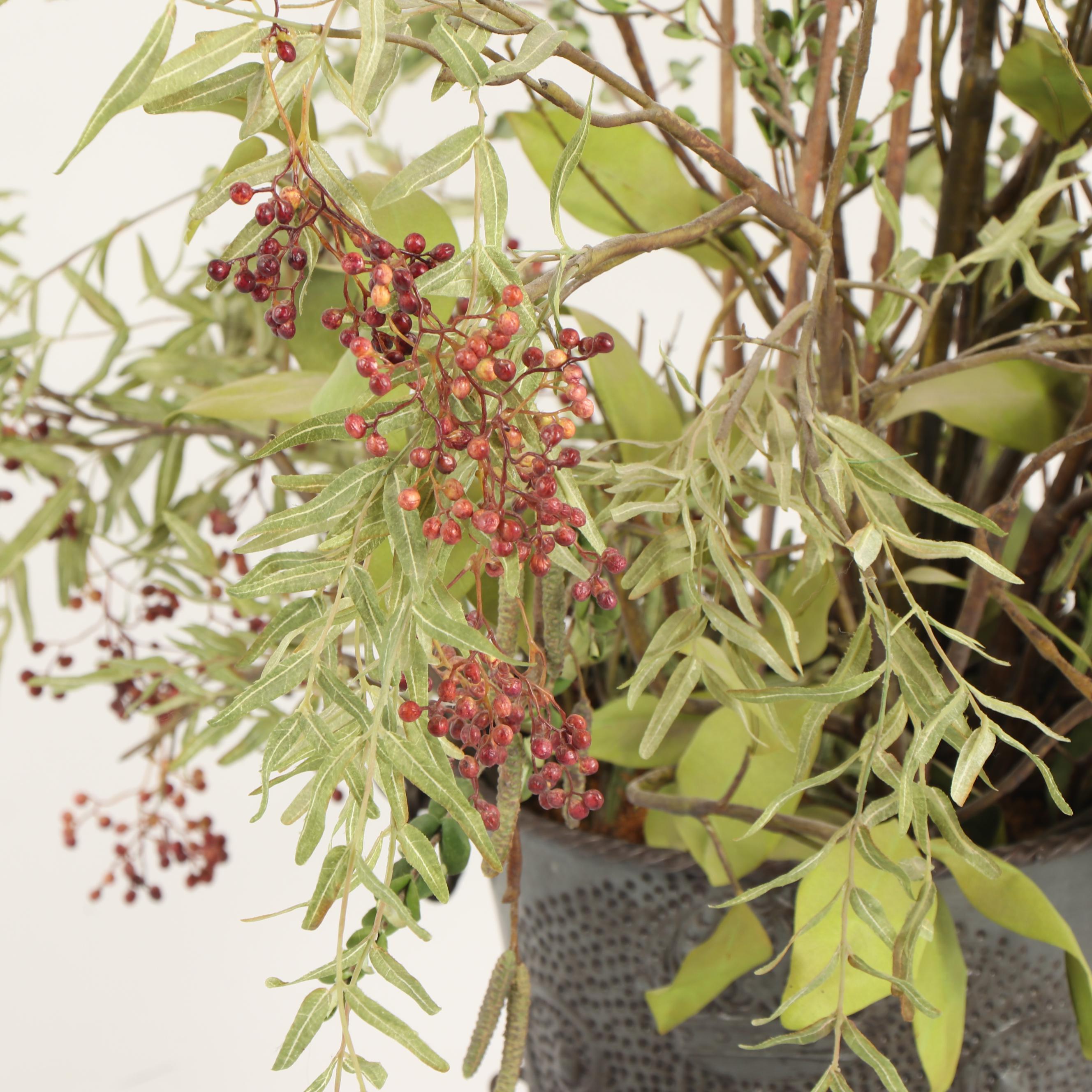 Embossed Metal Vase with Faux Foliage and Berry Arrangement