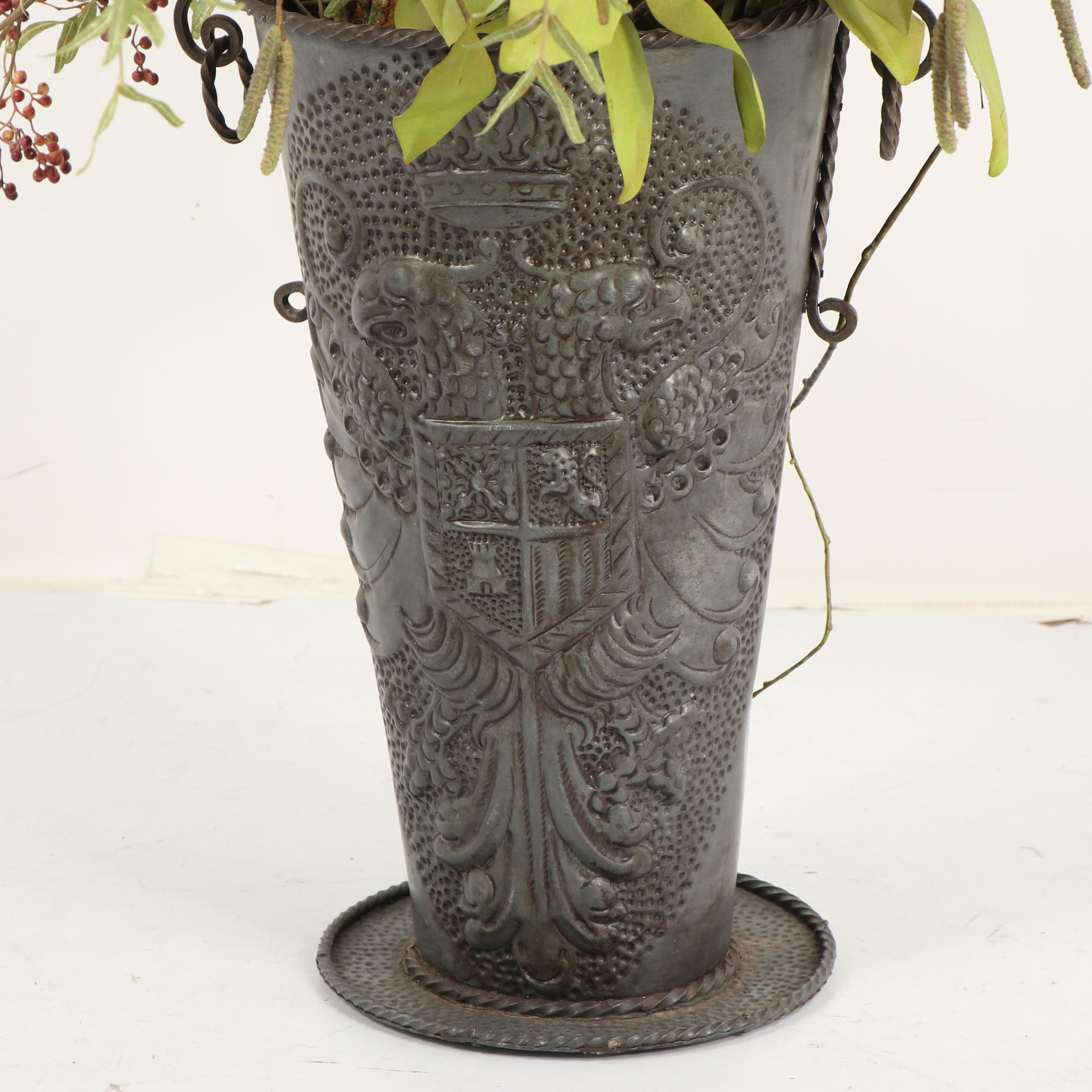 Embossed Metal Vase with Faux Foliage and Berry Arrangement