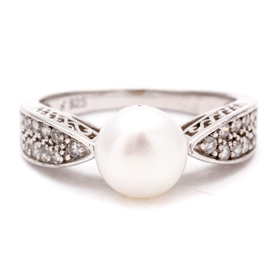Sterling Silver Cultured Pearl and Cubic Zirconia Ring