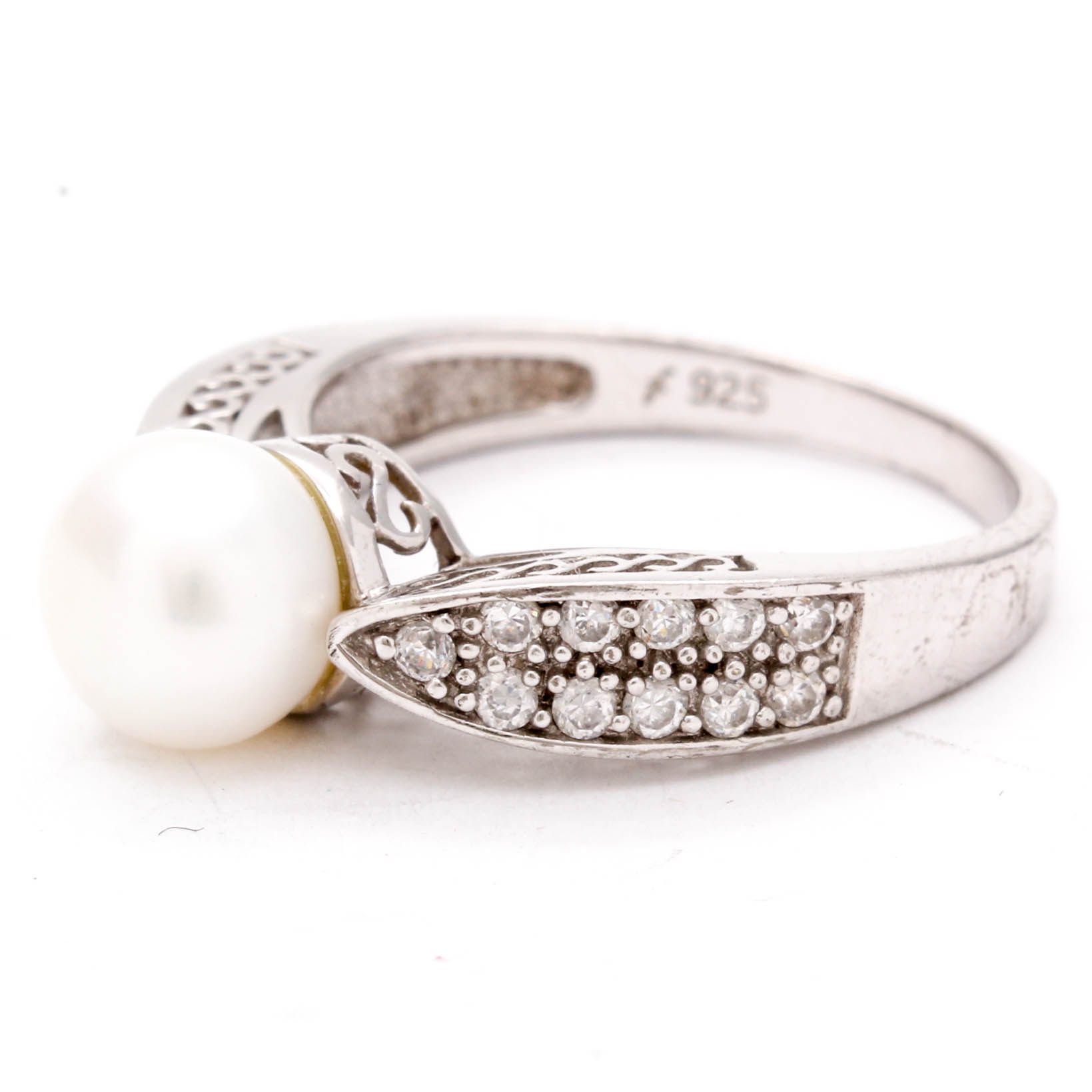 Sterling Silver Cultured Pearl and Cubic Zirconia Ring