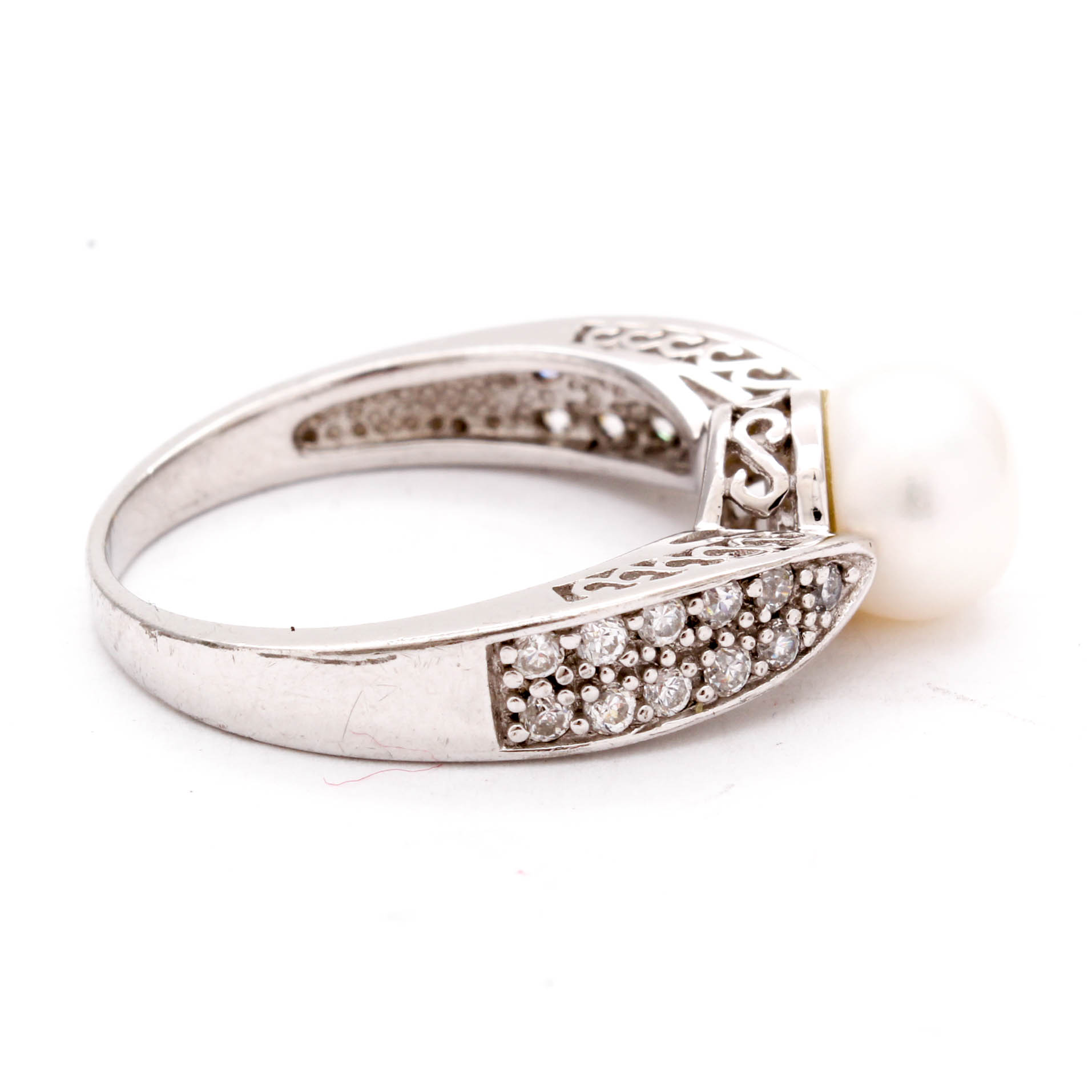 Sterling Silver Cultured Pearl and Cubic Zirconia Ring