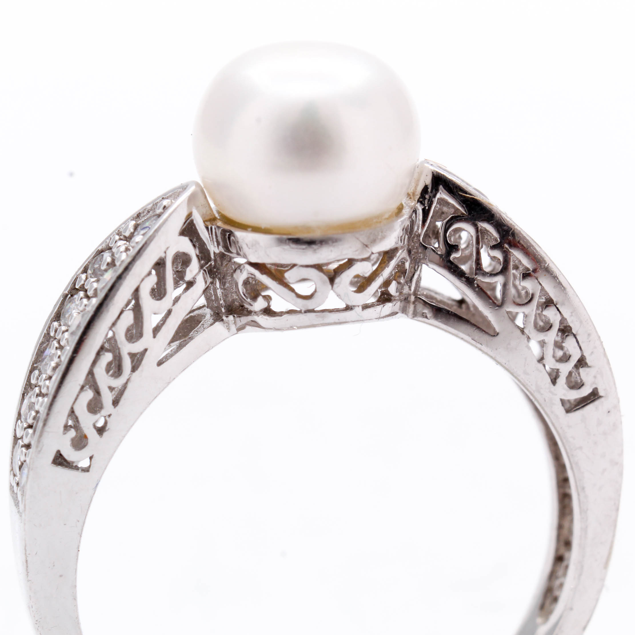 Sterling Silver Cultured Pearl and Cubic Zirconia Ring