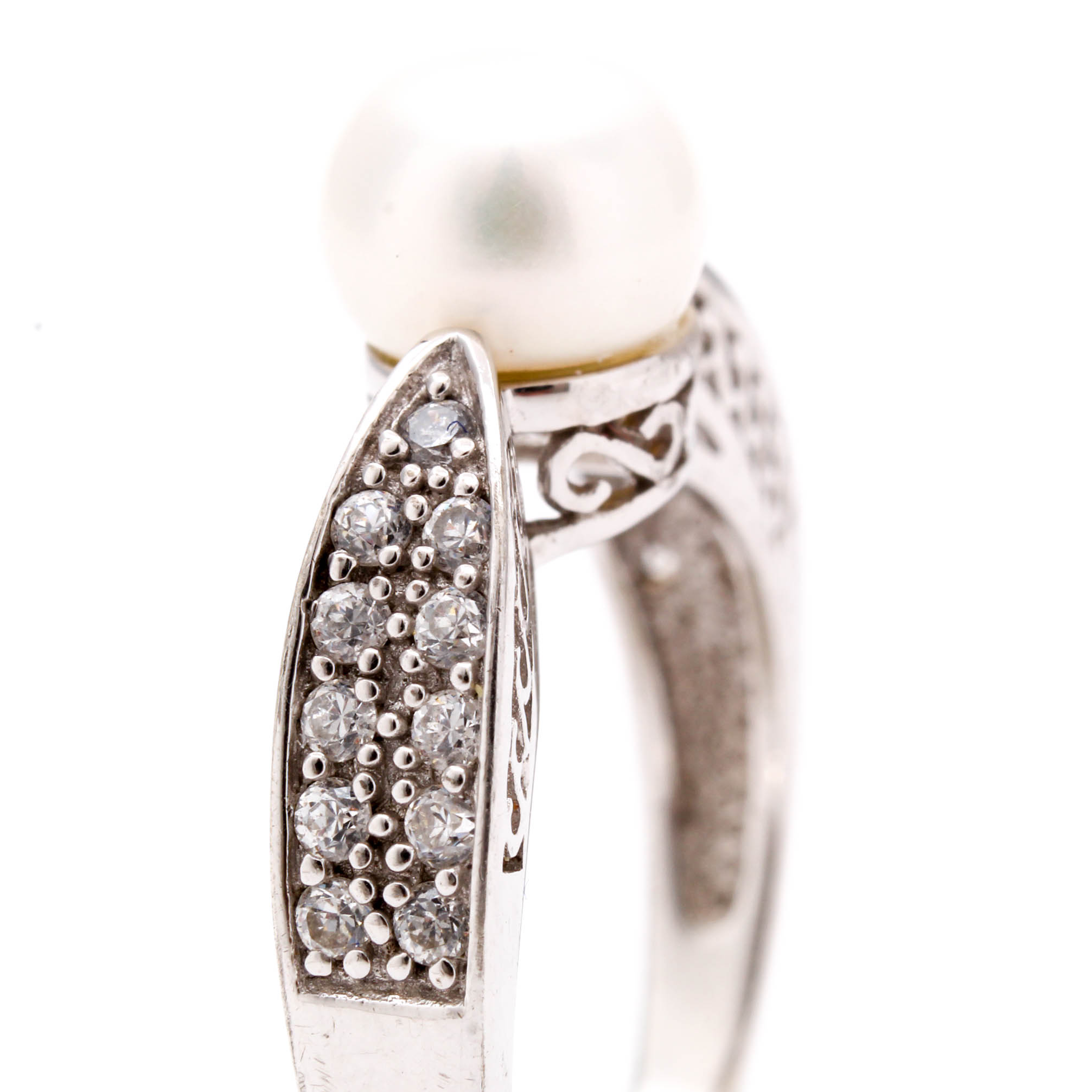 Sterling Silver Cultured Pearl and Cubic Zirconia Ring