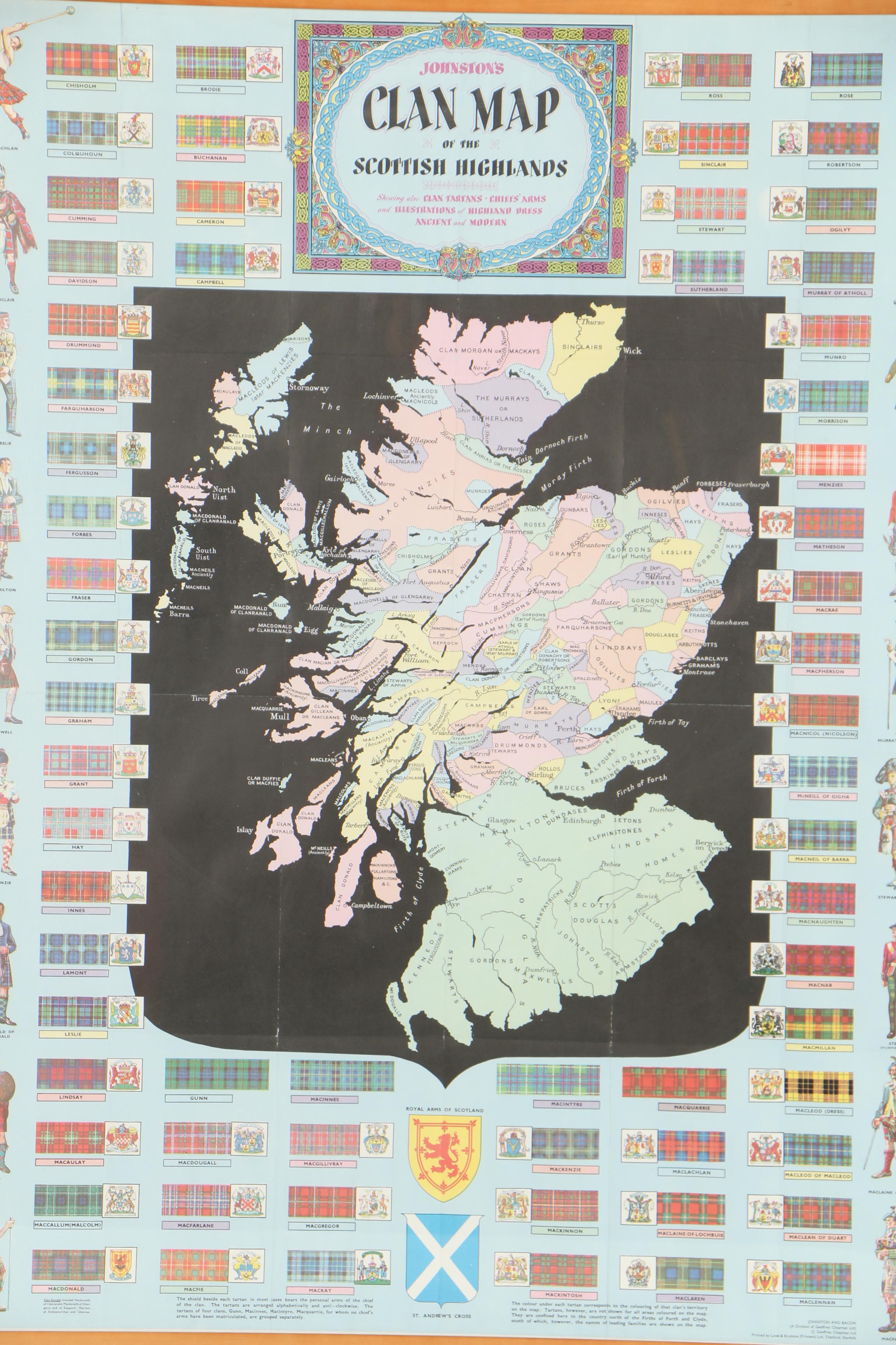 Mid 20th Century Map "Johnston's Clan Map of the Scottish Highlands"