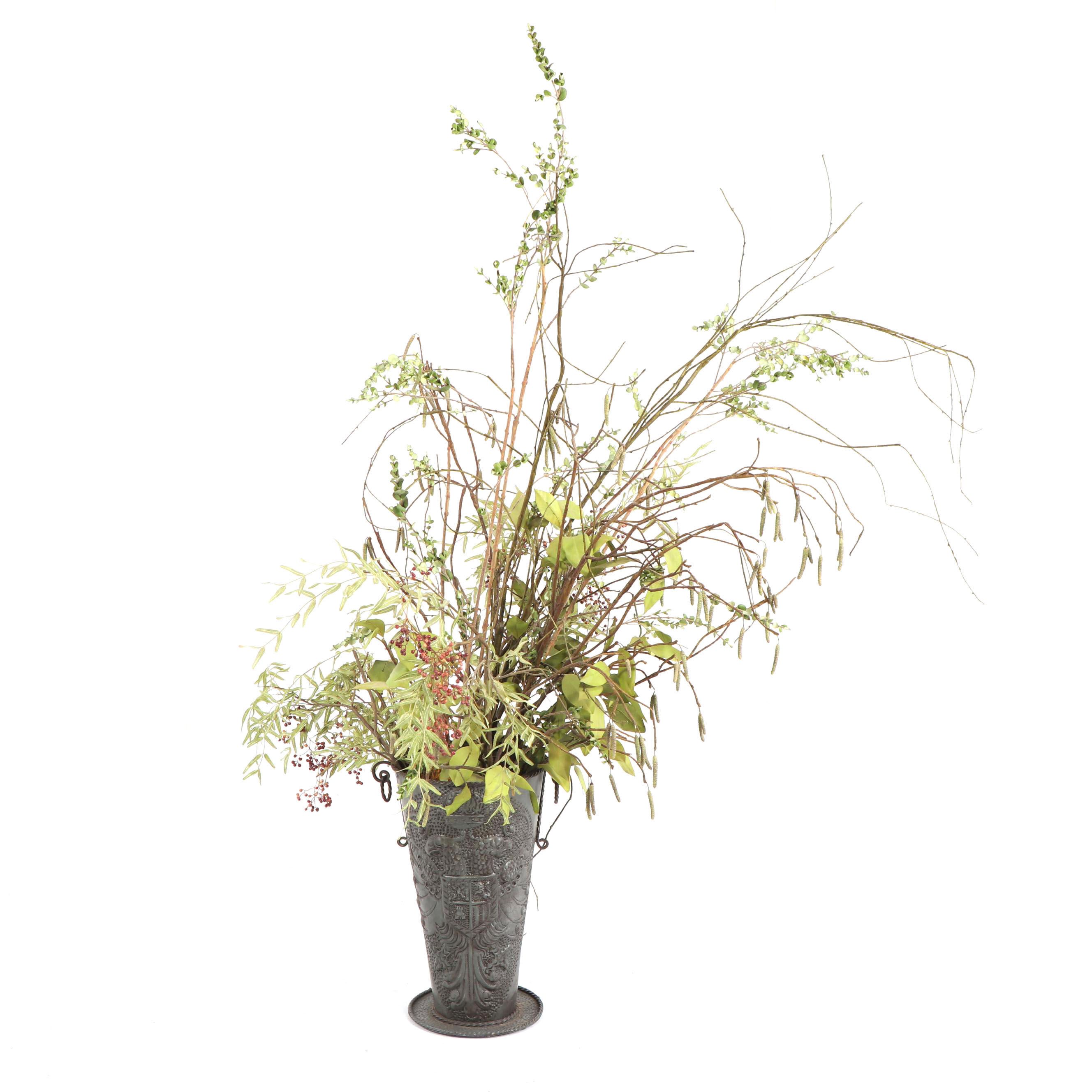 Embossed Metal Vase with Faux Foliage and Berry Arrangement