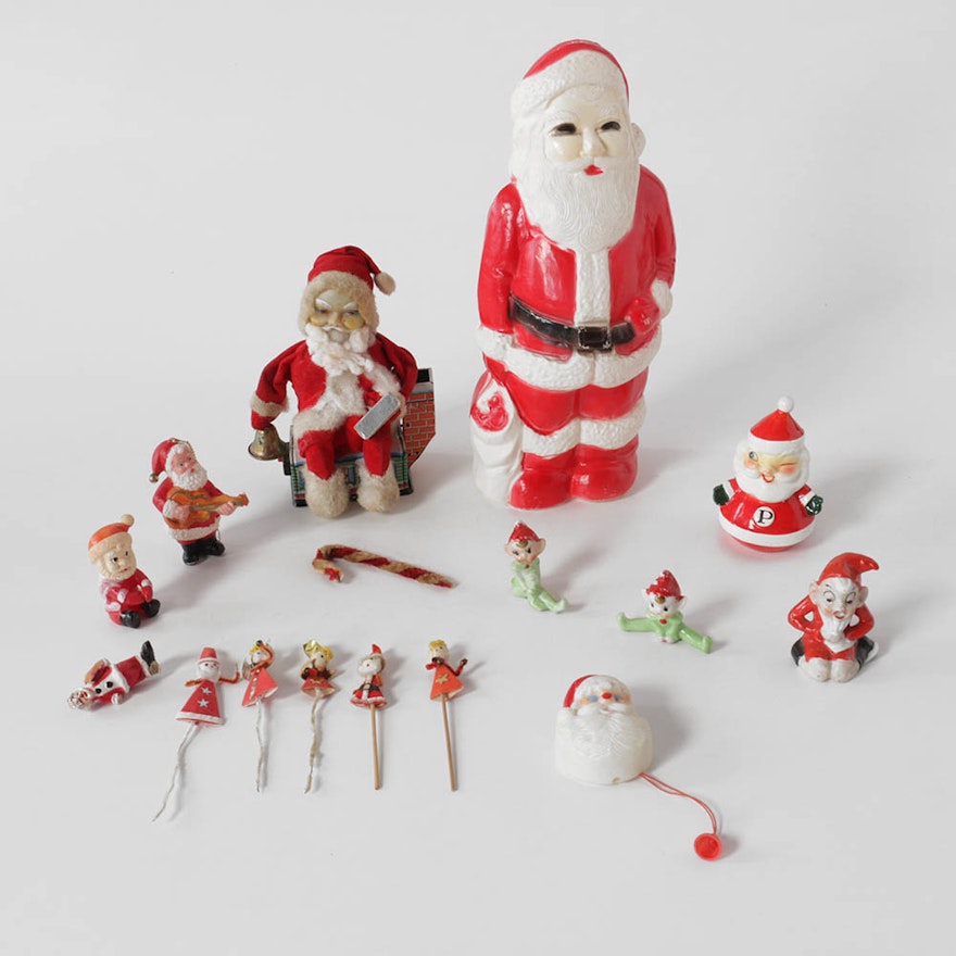 Vintage Santa and Elf Figurines with Animated Santa Figurine on Tin House