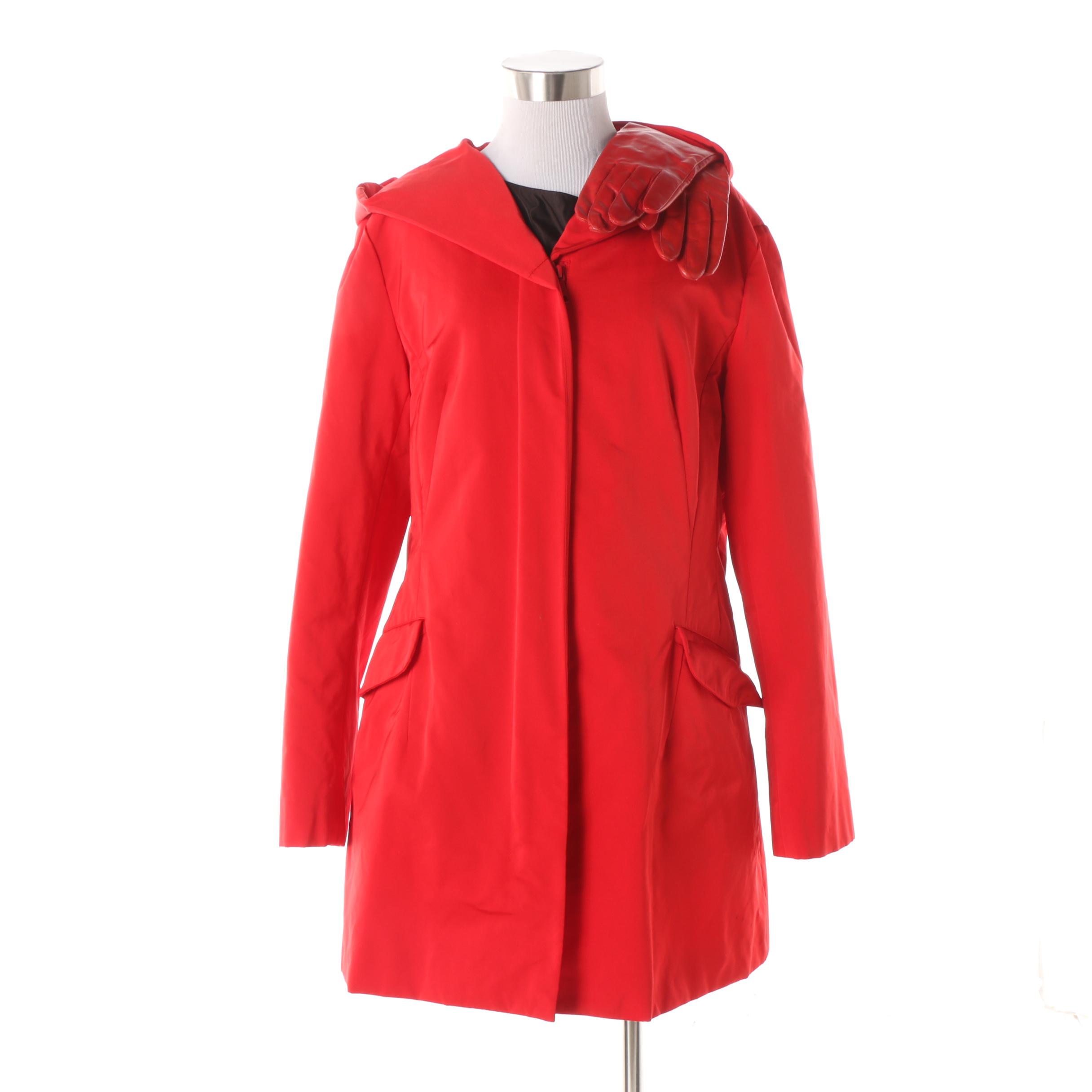 Women's Lafayette 148 New York Red Hooded Raincoat with Red Leather Gloves