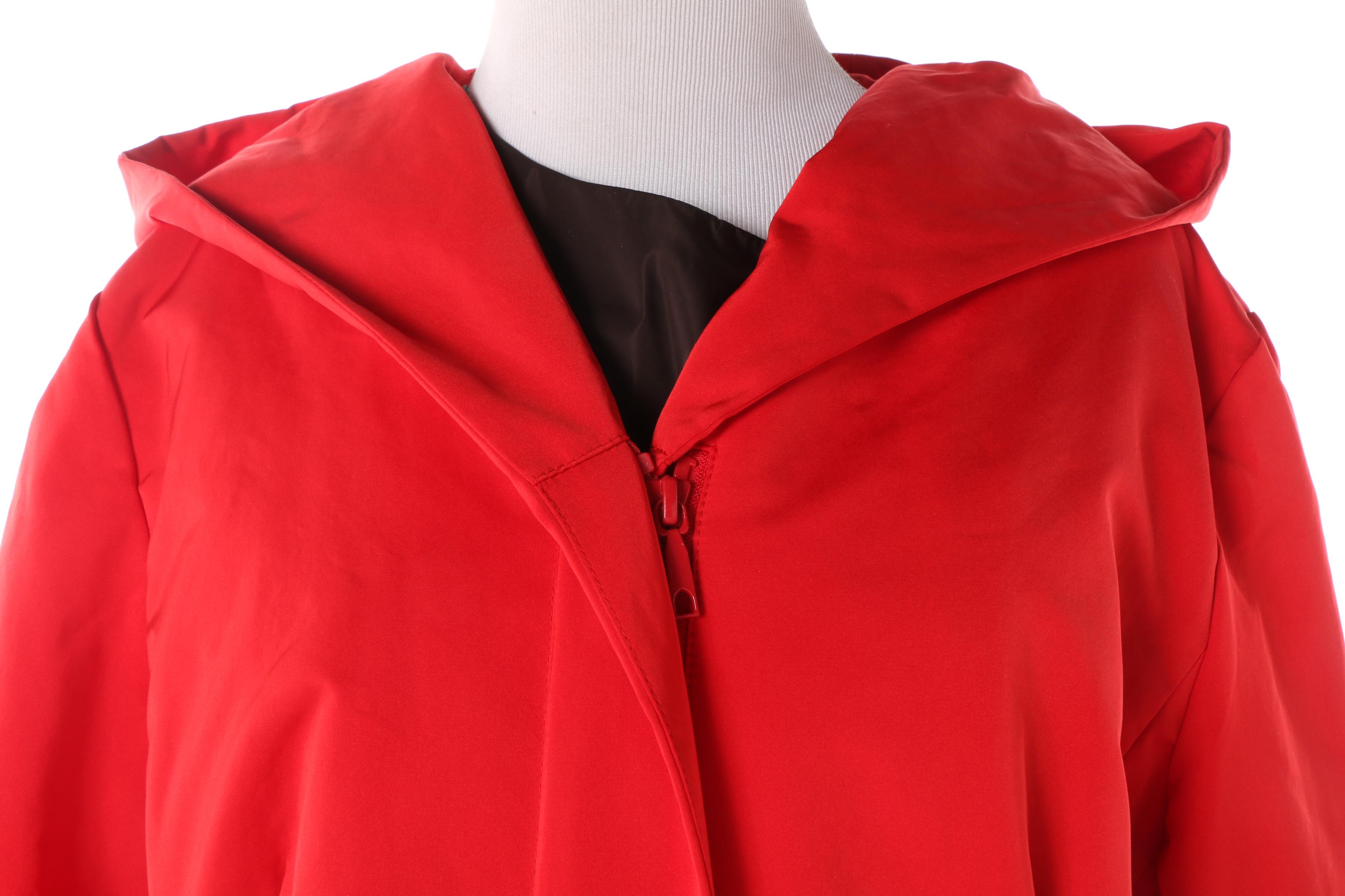 Women's Lafayette 148 New York Red Hooded Raincoat with Red Leather Gloves