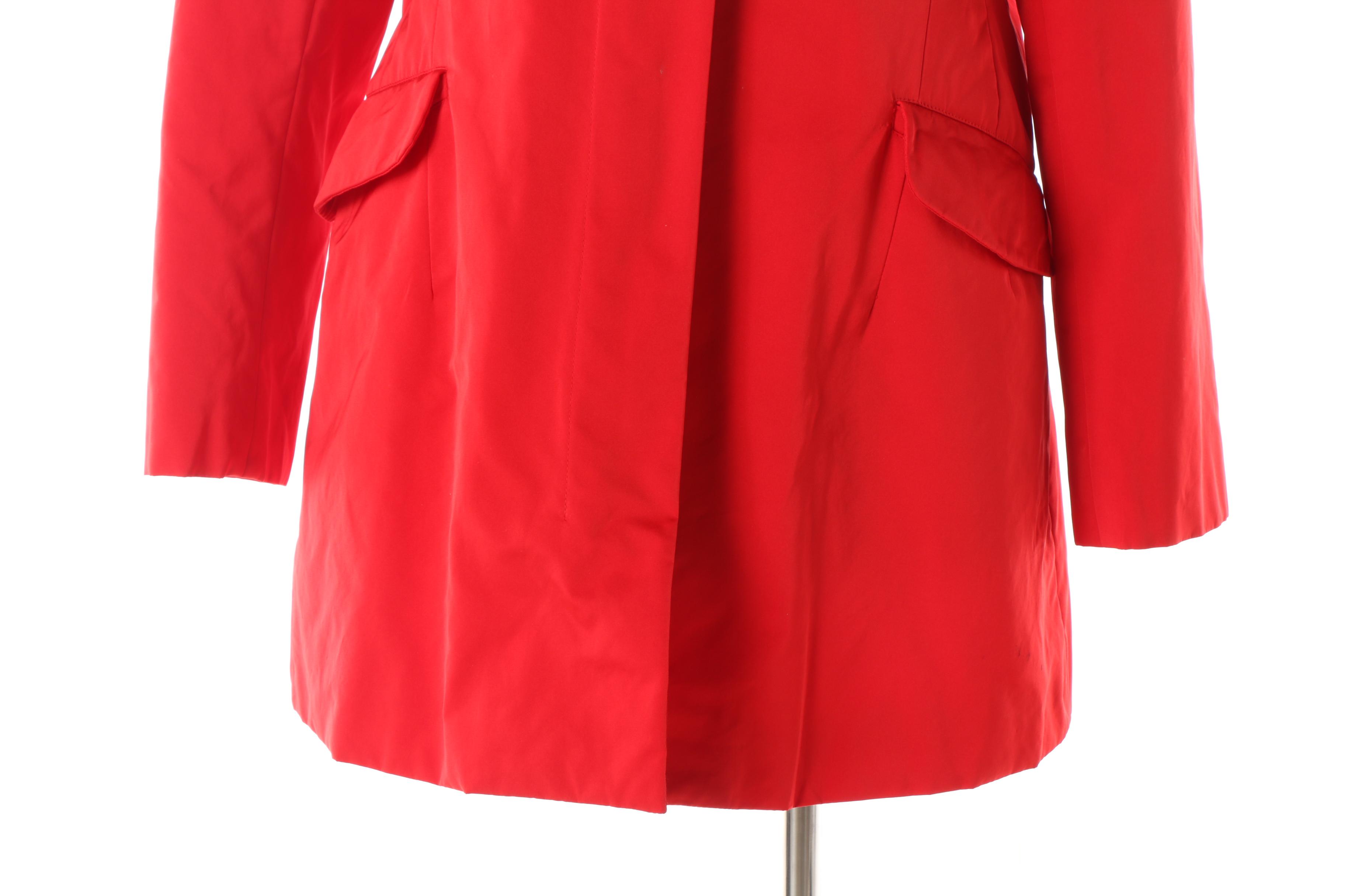 Women's Lafayette 148 New York Red Hooded Raincoat with Red Leather Gloves