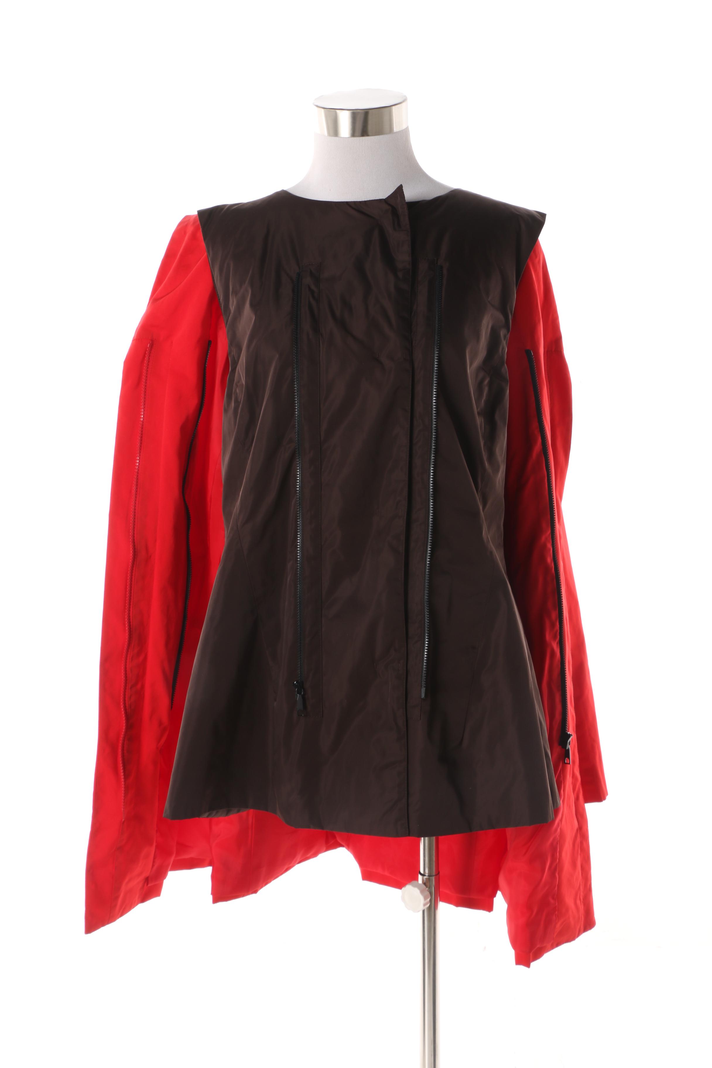 Women's Lafayette 148 New York Red Hooded Raincoat with Red Leather Gloves
