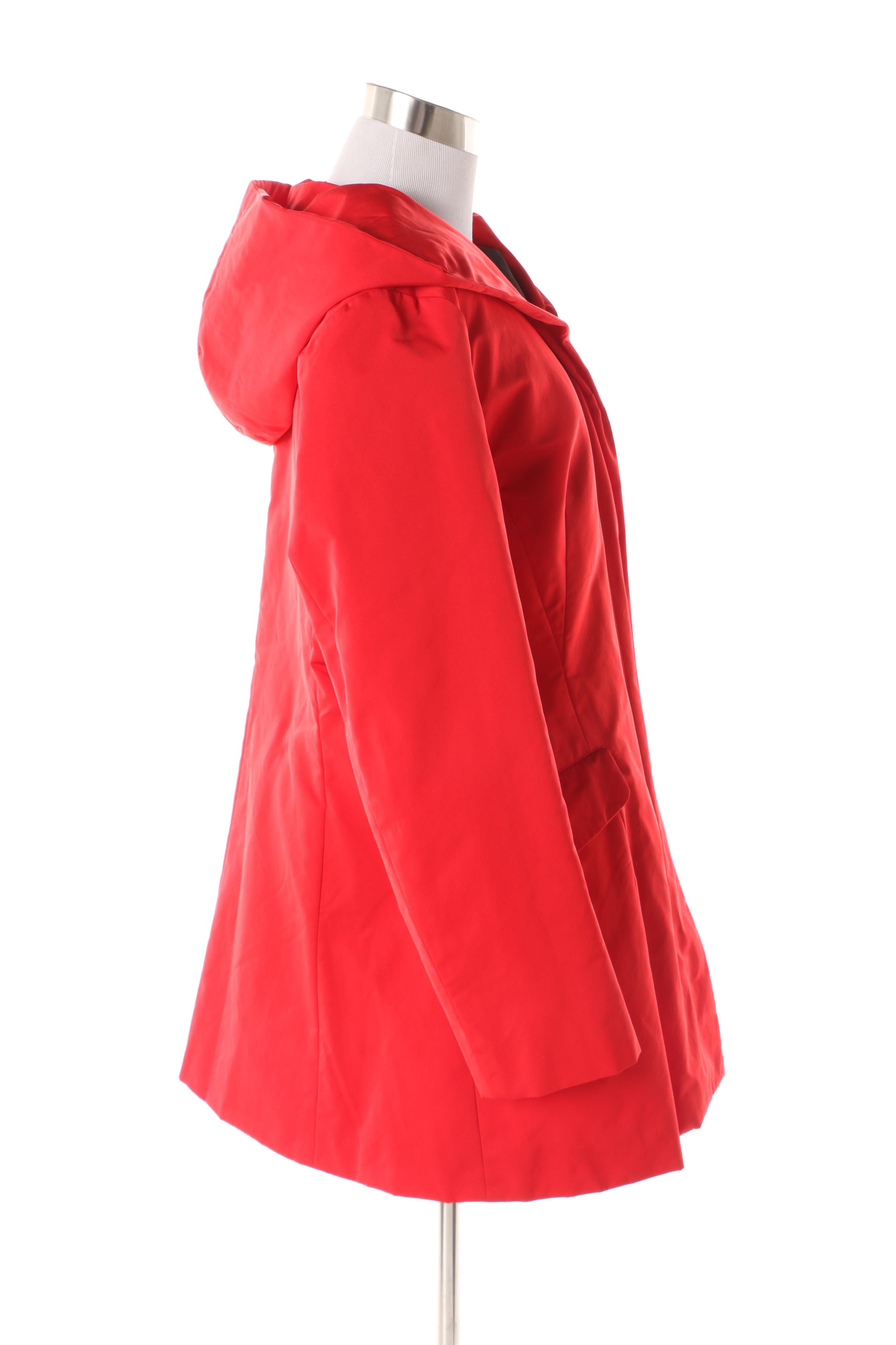 Women's Lafayette 148 New York Red Hooded Raincoat with Red Leather Gloves