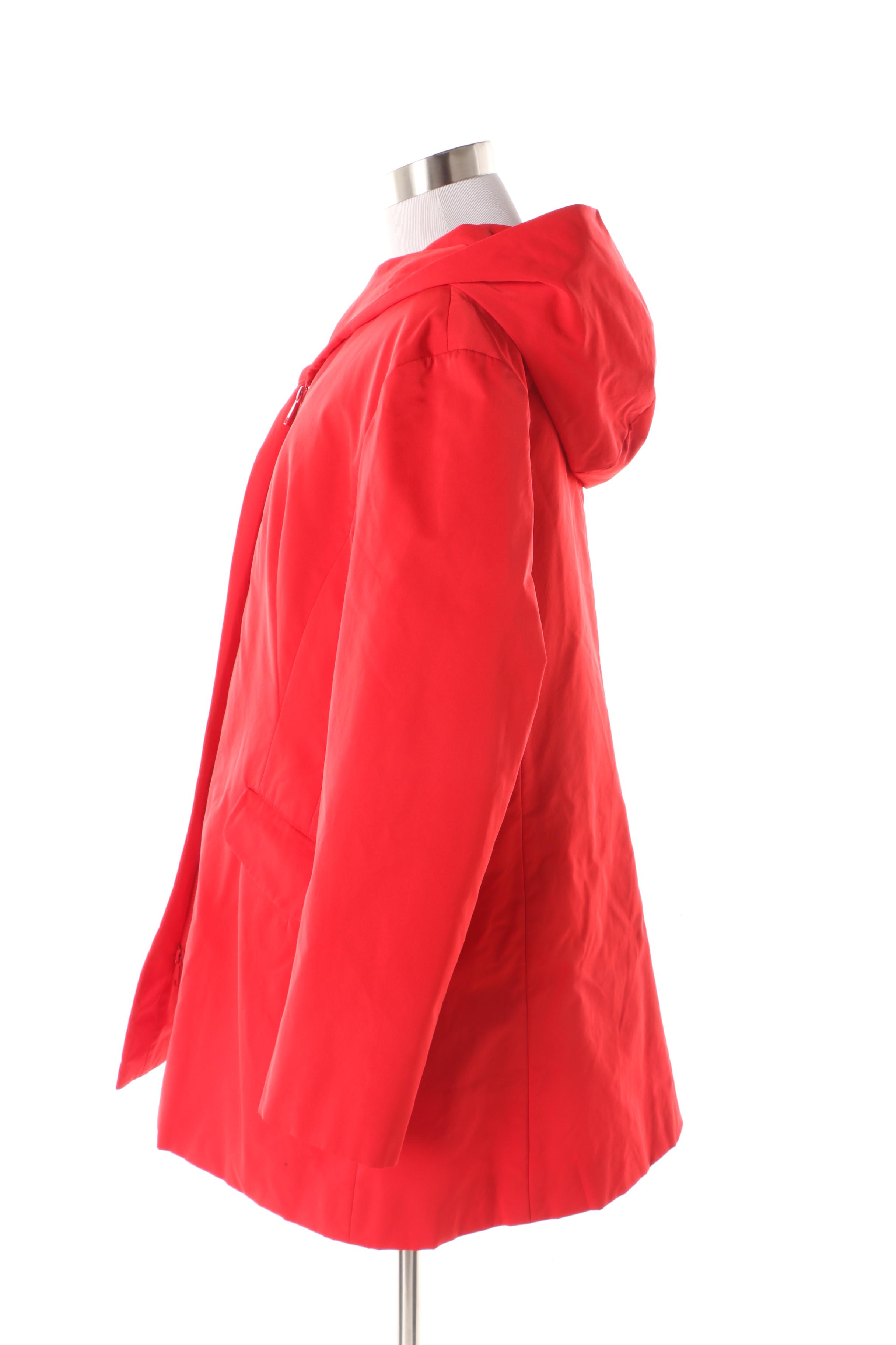 Women's Lafayette 148 New York Red Hooded Raincoat with Red Leather Gloves