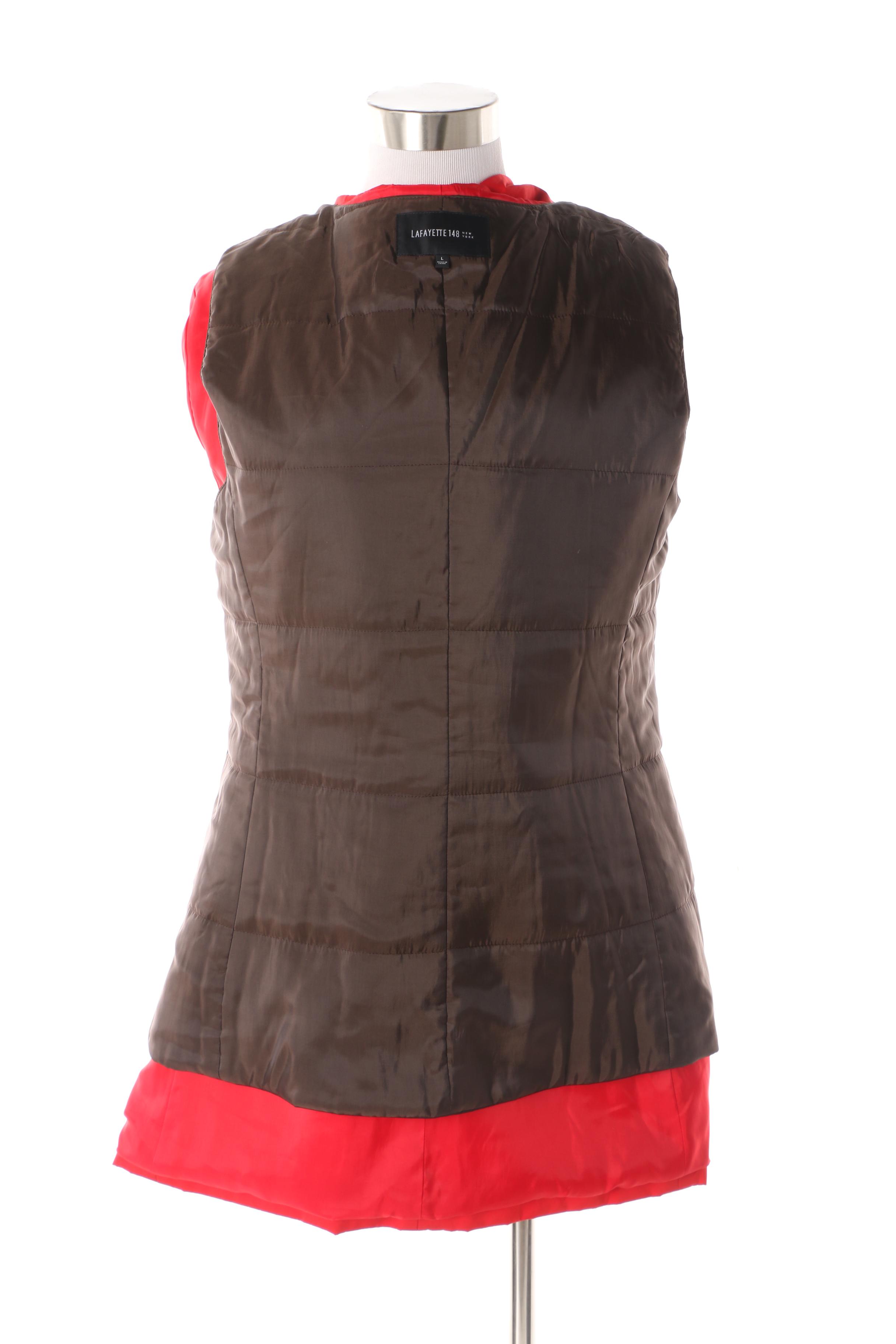 Women's Lafayette 148 New York Red Hooded Raincoat with Red Leather Gloves