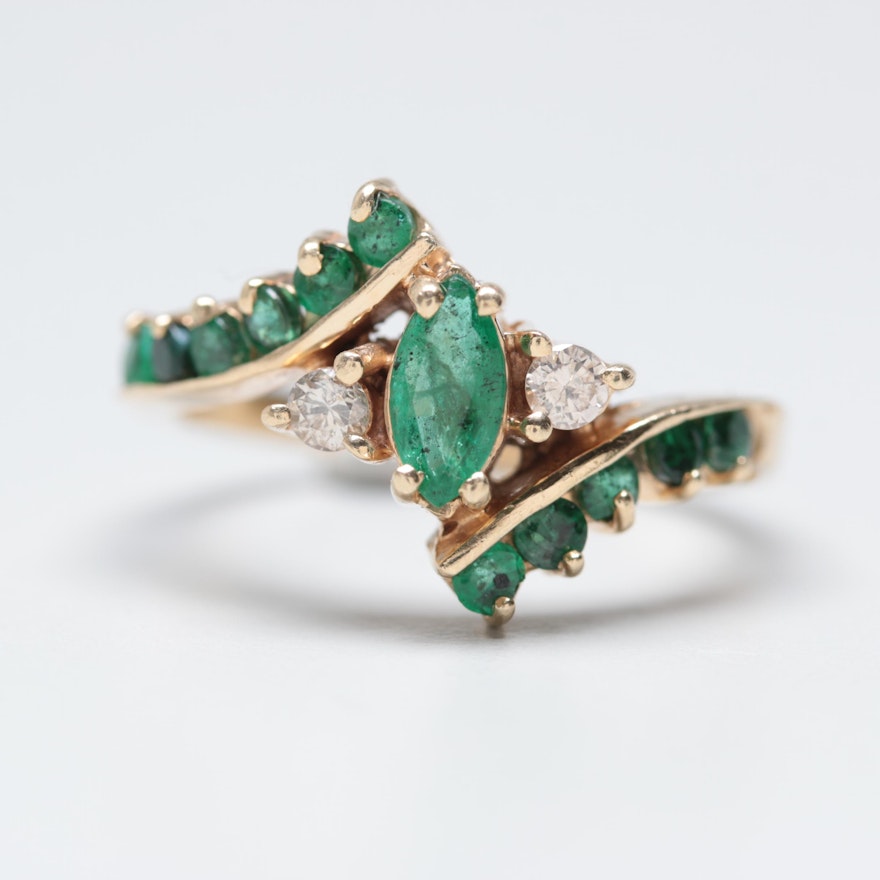 14K Yellow Gold Emerald and Diamond Bypass Ring