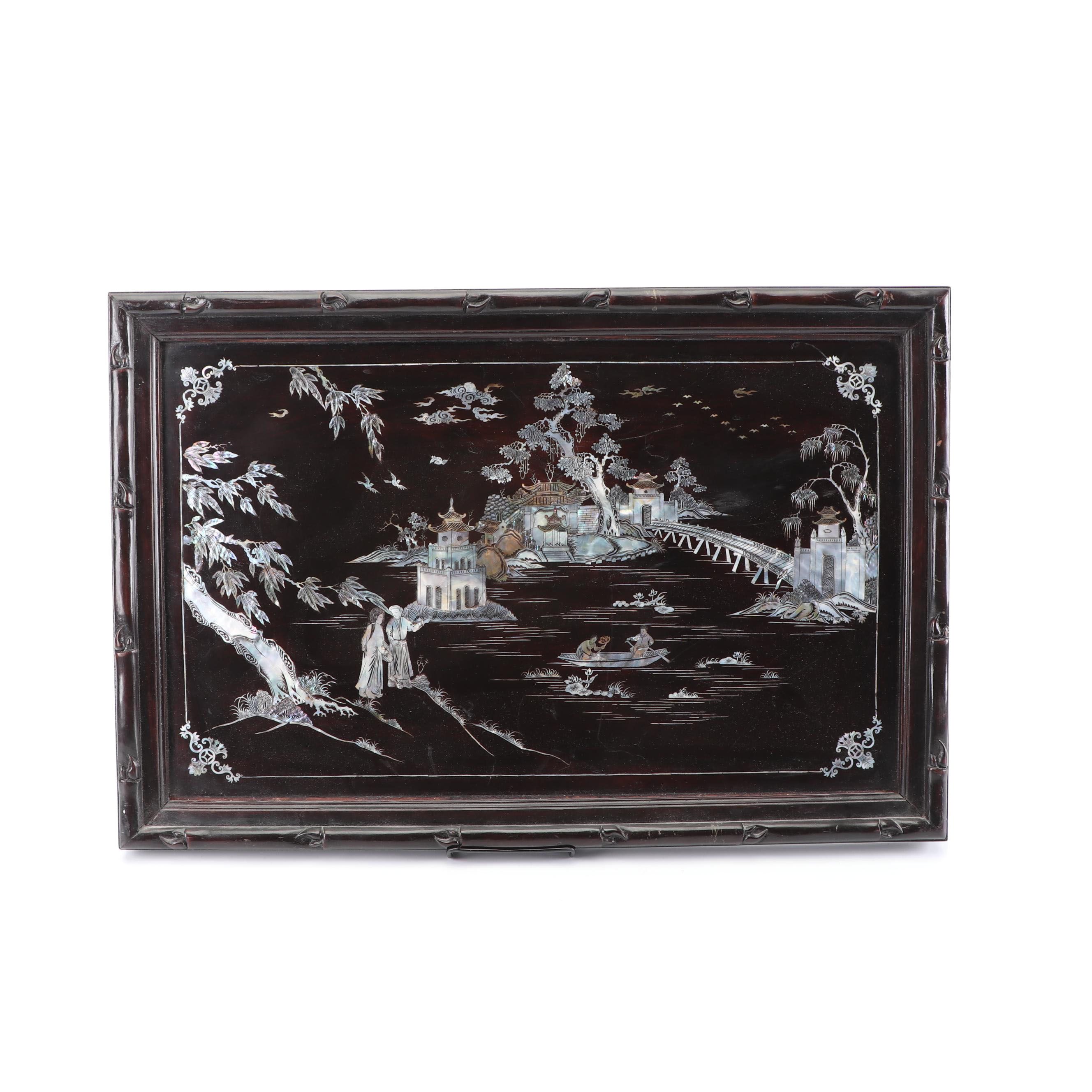 Chinese Mother of Pearl Inlaid Lacquered Wooden Wall Hanging
