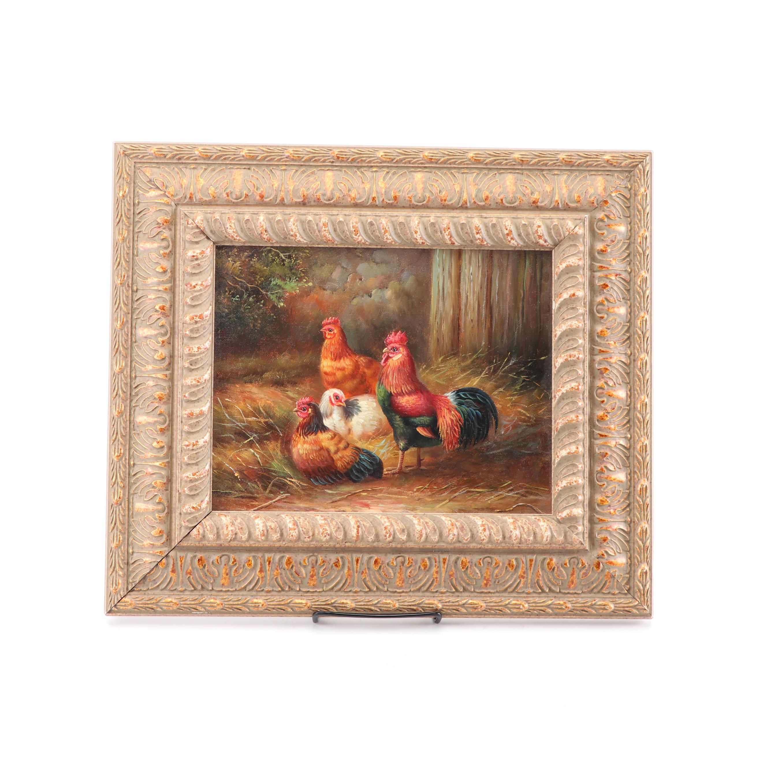 20th Century Oil Painting of Roosters