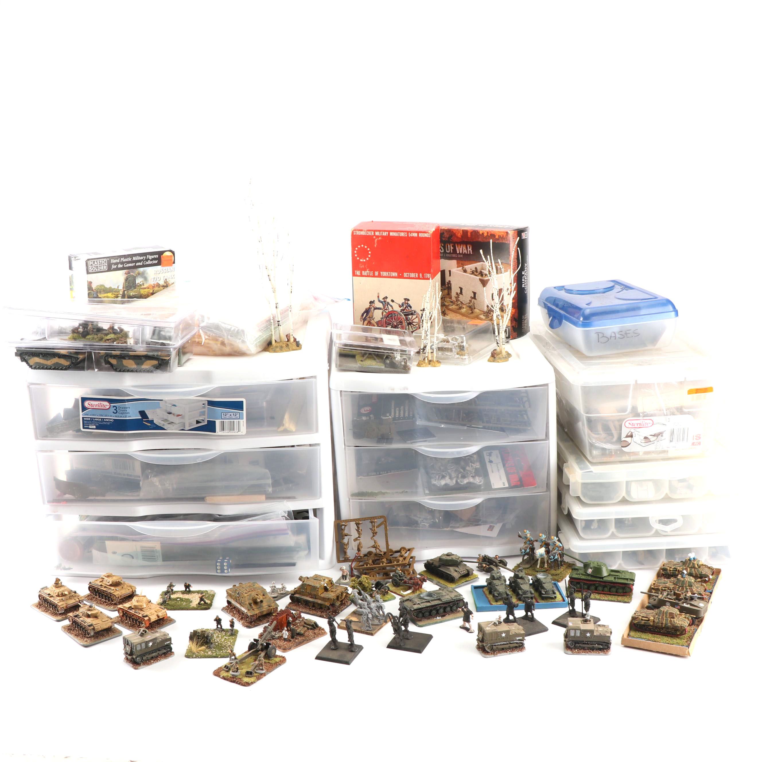 Miniature Painted Soldiers, Turf, Trees, and Military Vehicles