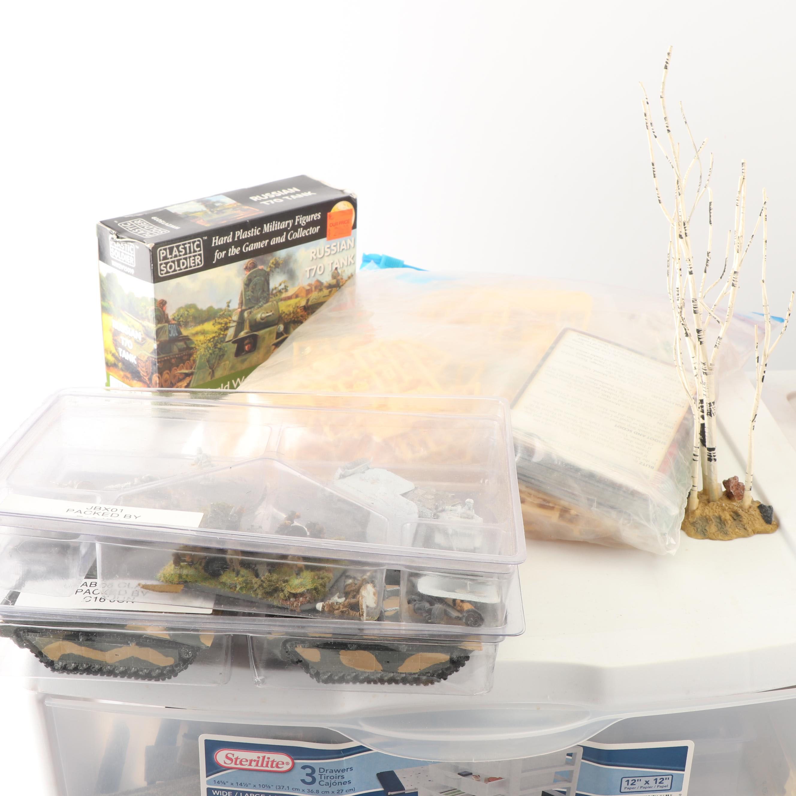 Miniature Painted Soldiers, Turf, Trees, and Military Vehicles