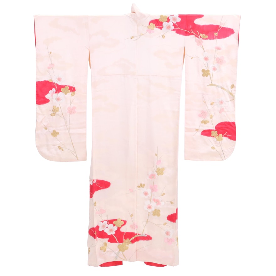 Circa 1960s Vintage Japanese Silk Damask Furisode Kimono