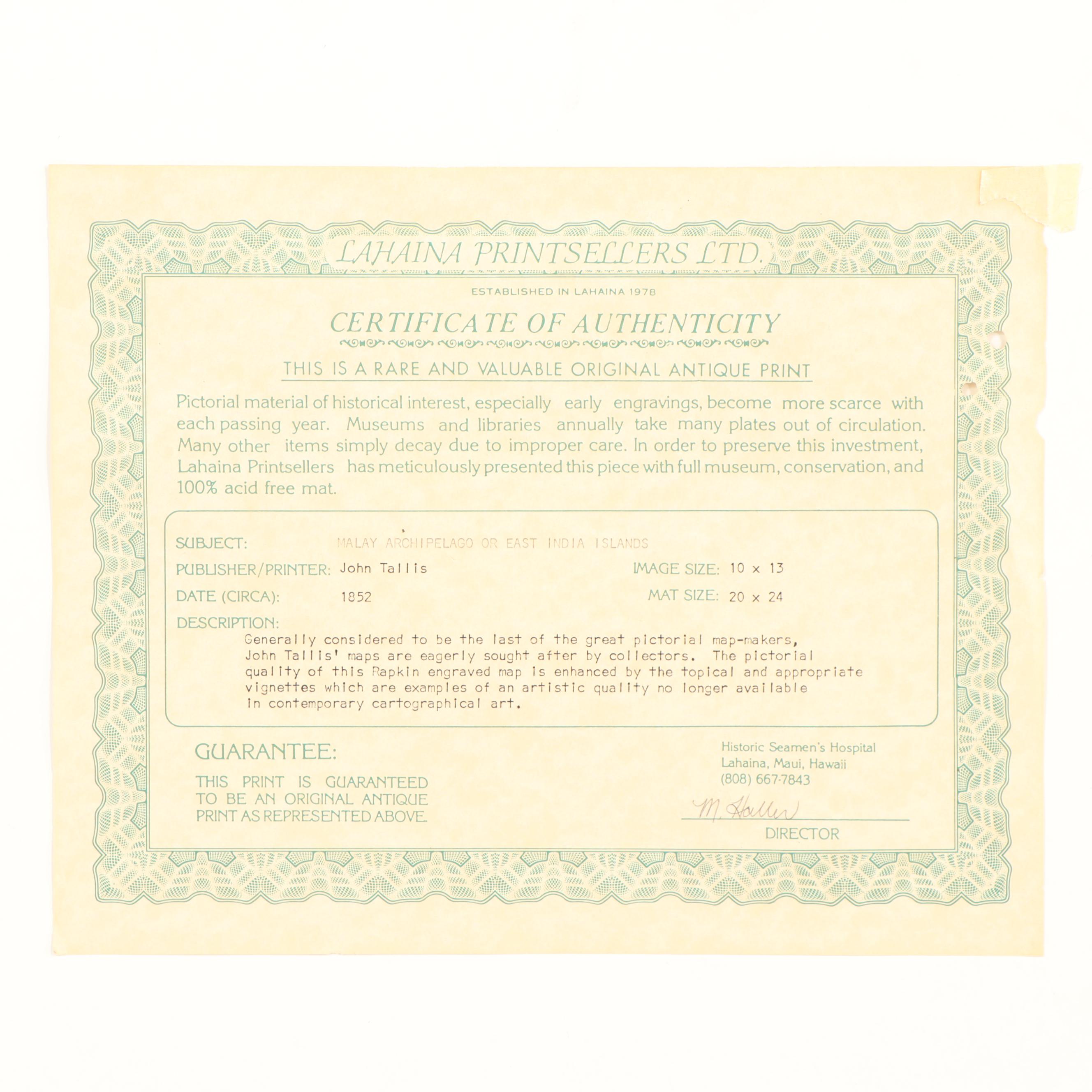 Antique 1852  John Tallis Map "Malay Archipelago"