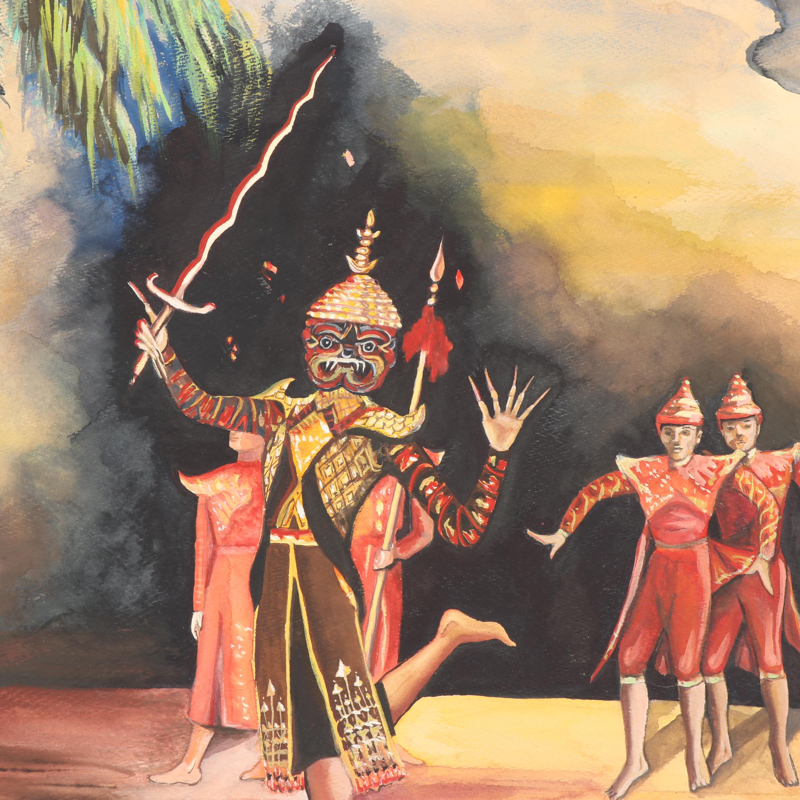 Watercolor and Gouache Painting of Thai Dancers