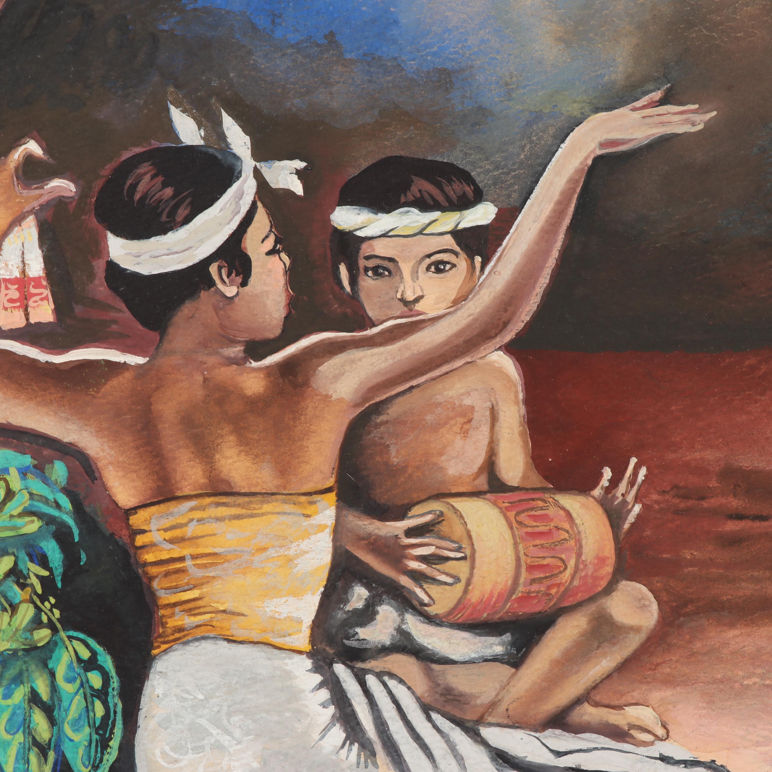 Watercolor and Gouache Painting of Thai Dancers