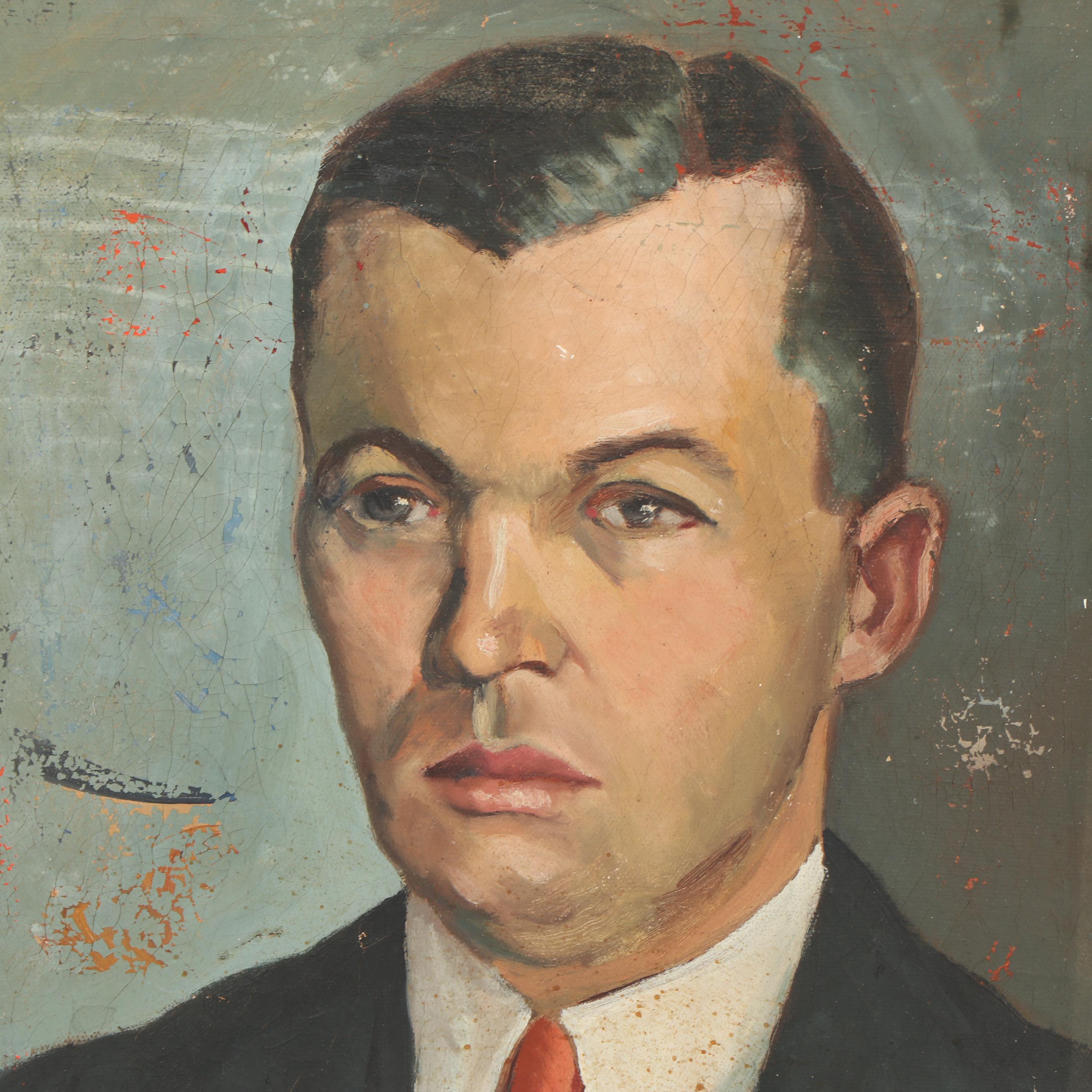 Circa 1930 Oil Portrait of Man with Red Tie