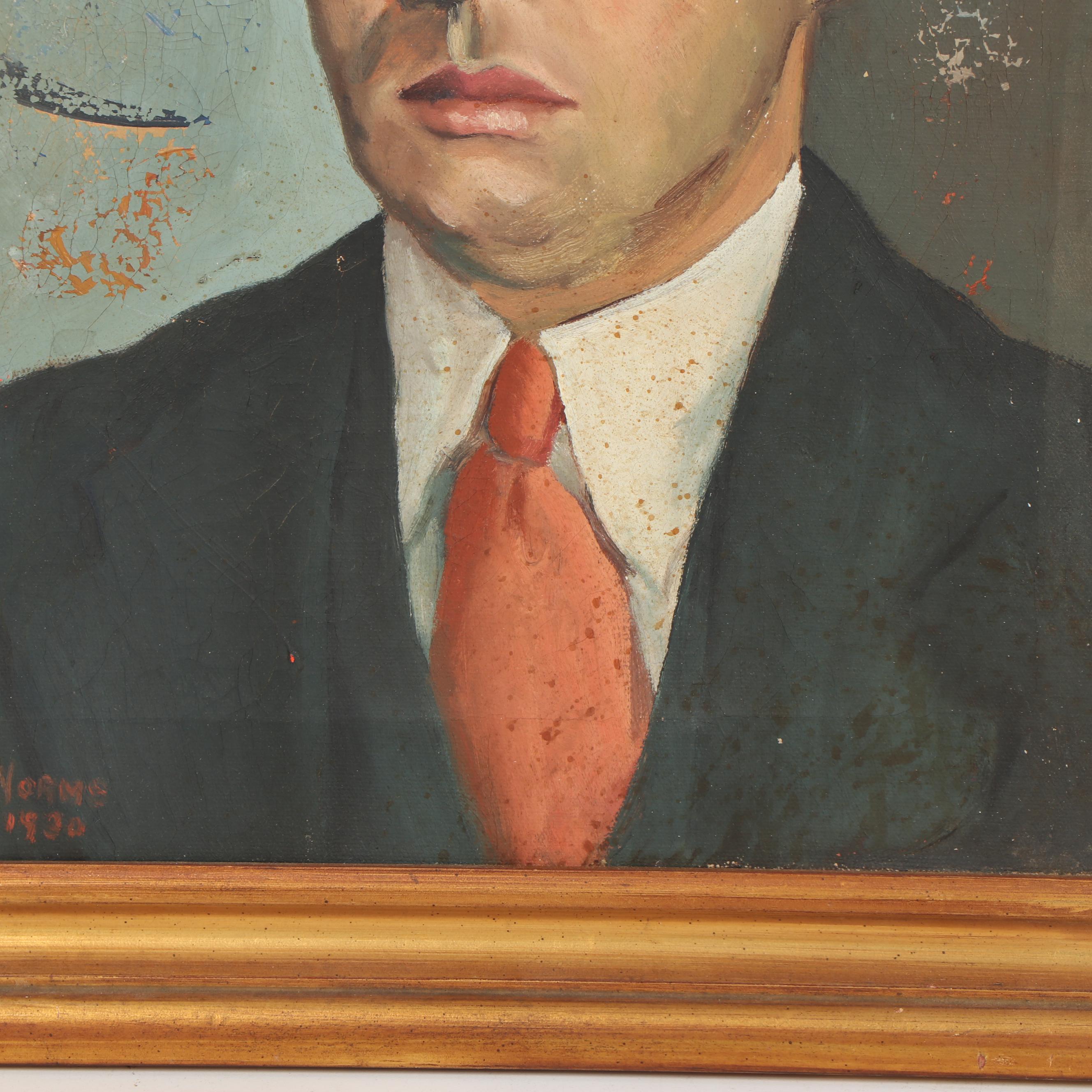 Circa 1930 Oil Portrait of Man with Red Tie