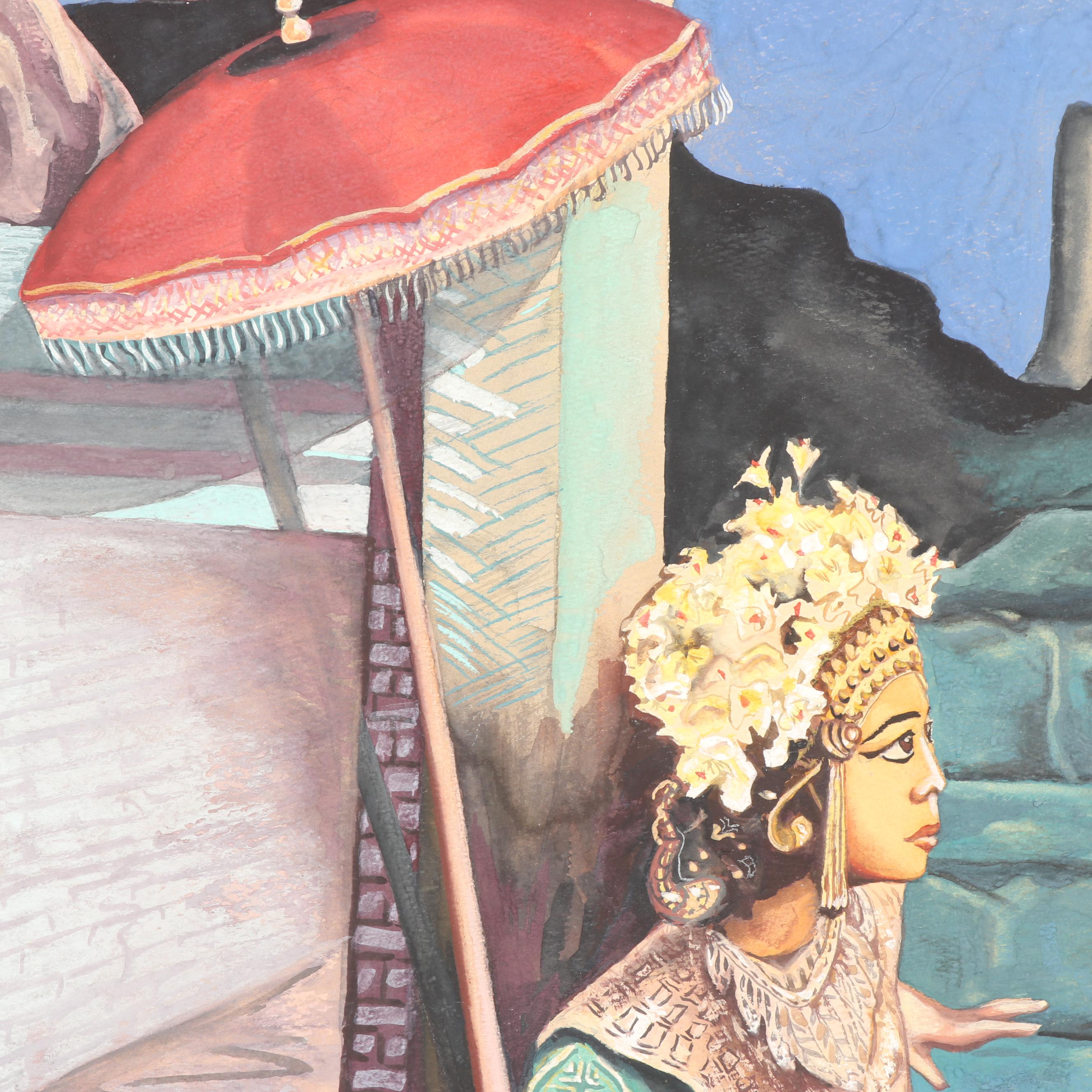 S. Jahnke Watercolor and Gouache Painting of Thai Dancers