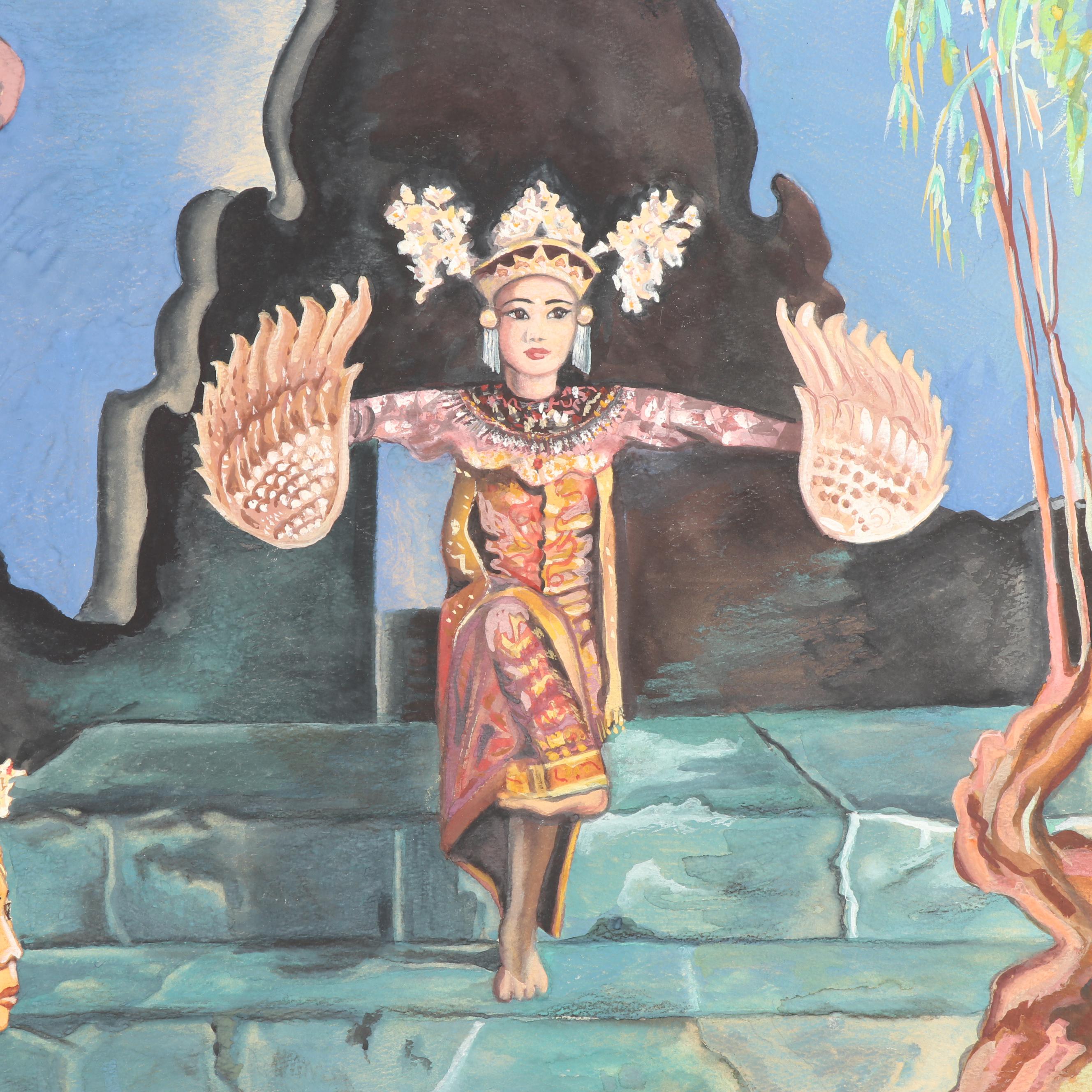 S. Jahnke Watercolor and Gouache Painting of Thai Dancers