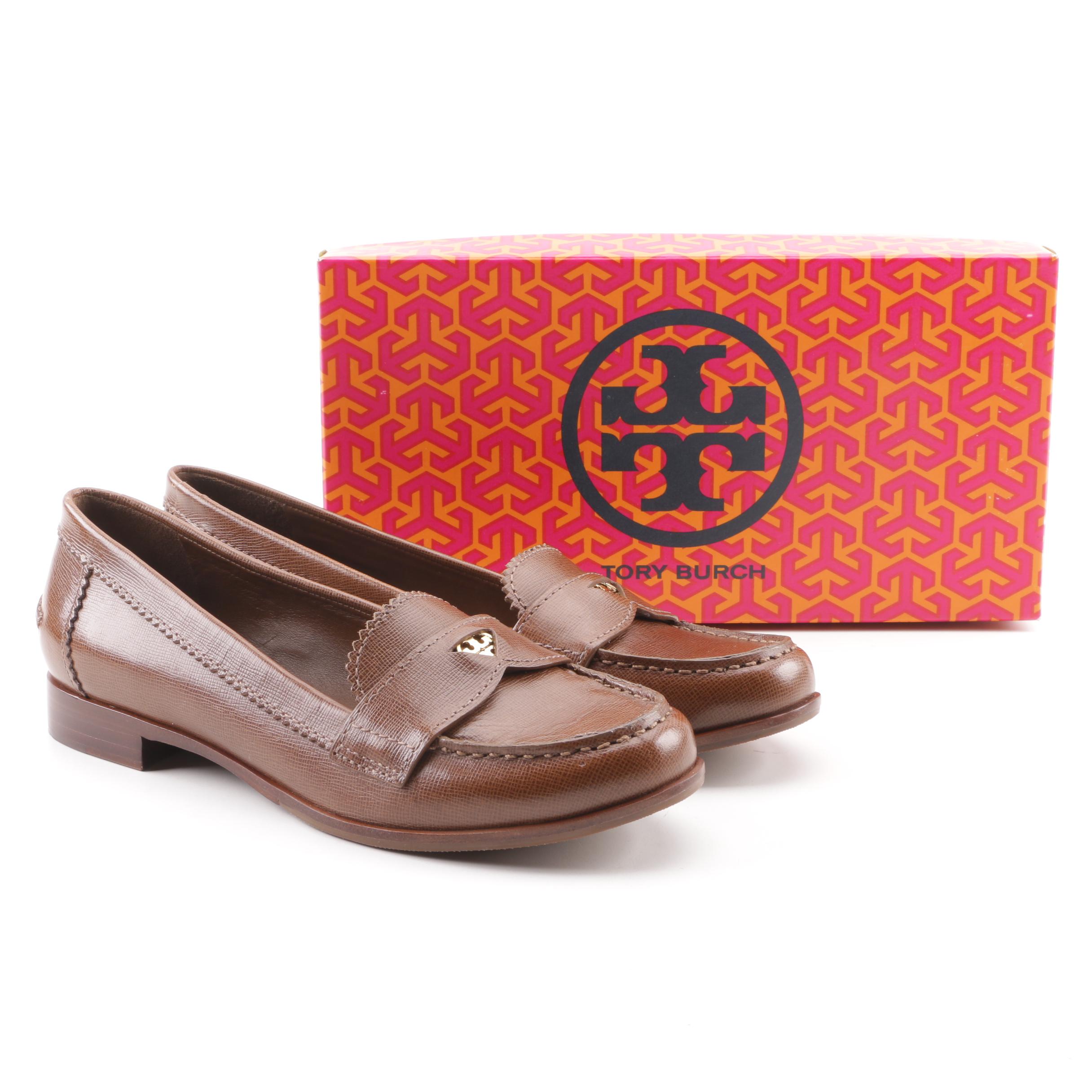 Women's Tory Burch Pennie Brown Saffiano Leather Loafers