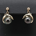 14K Yellow Gold Cultured Pearl Dolphin Earrings