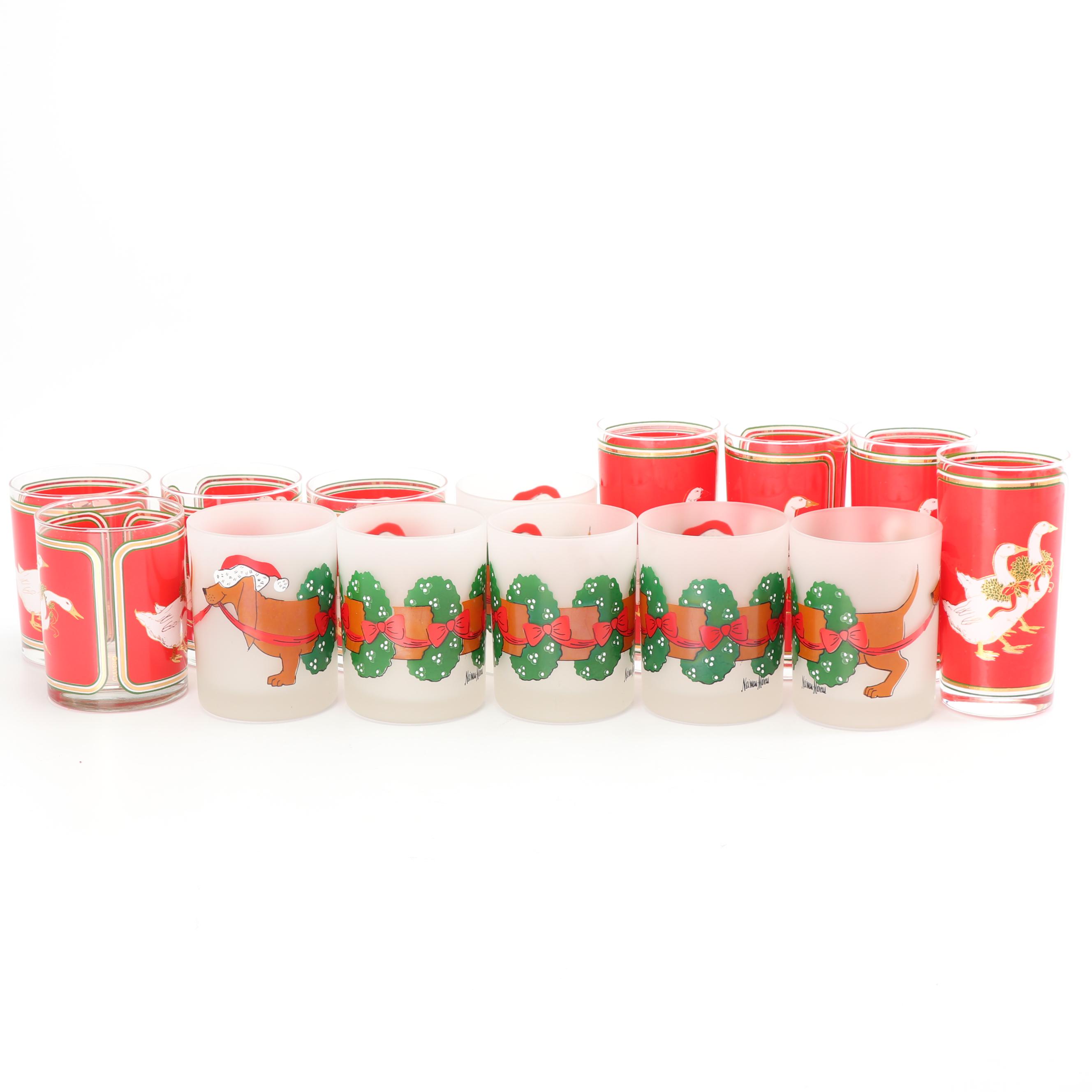 Vintage Culver and Neiman Marcus Christmas Themed Glass Tumblers