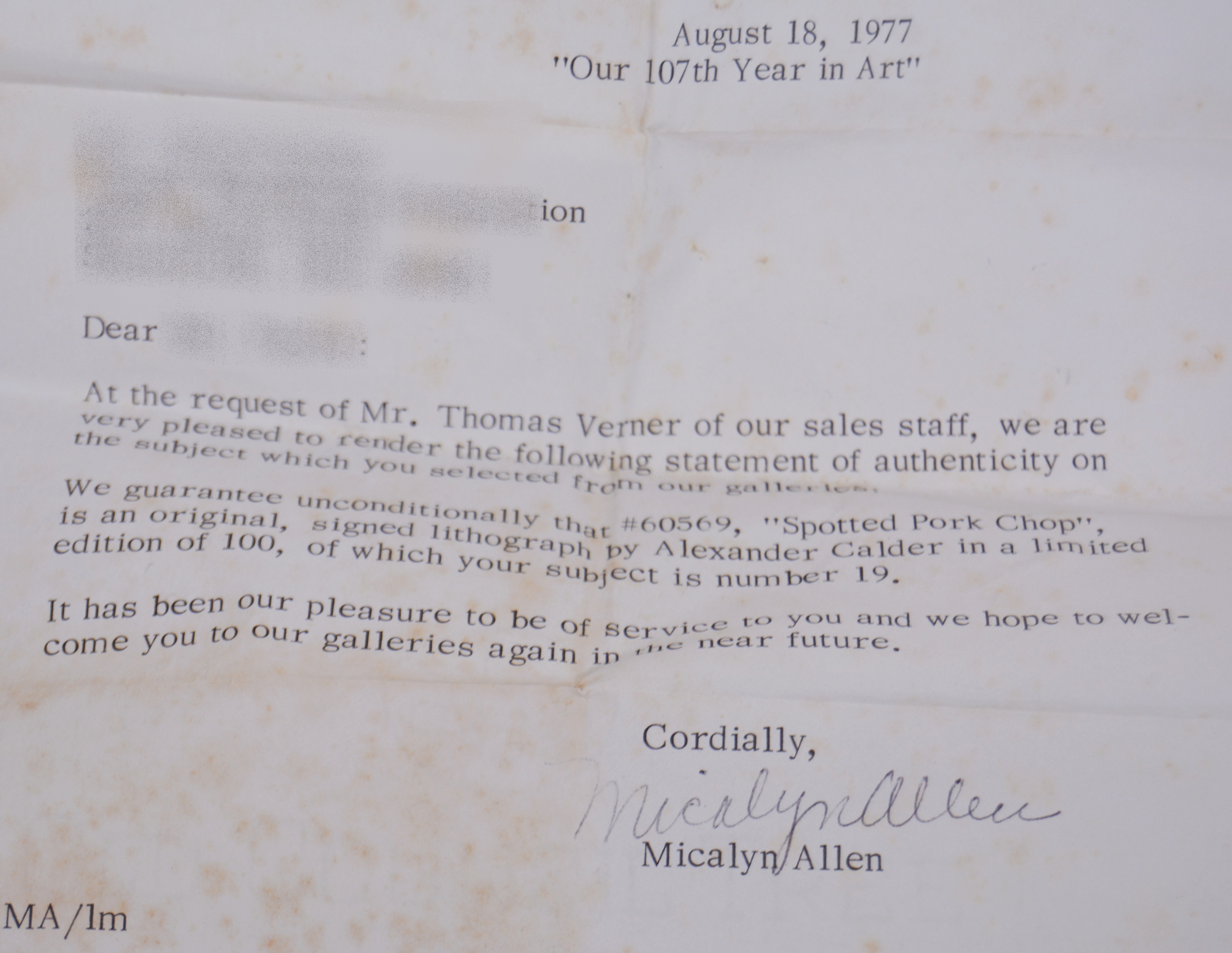 Alexander Calder Limited Edition Lithograph "Spotted Pork Chop"