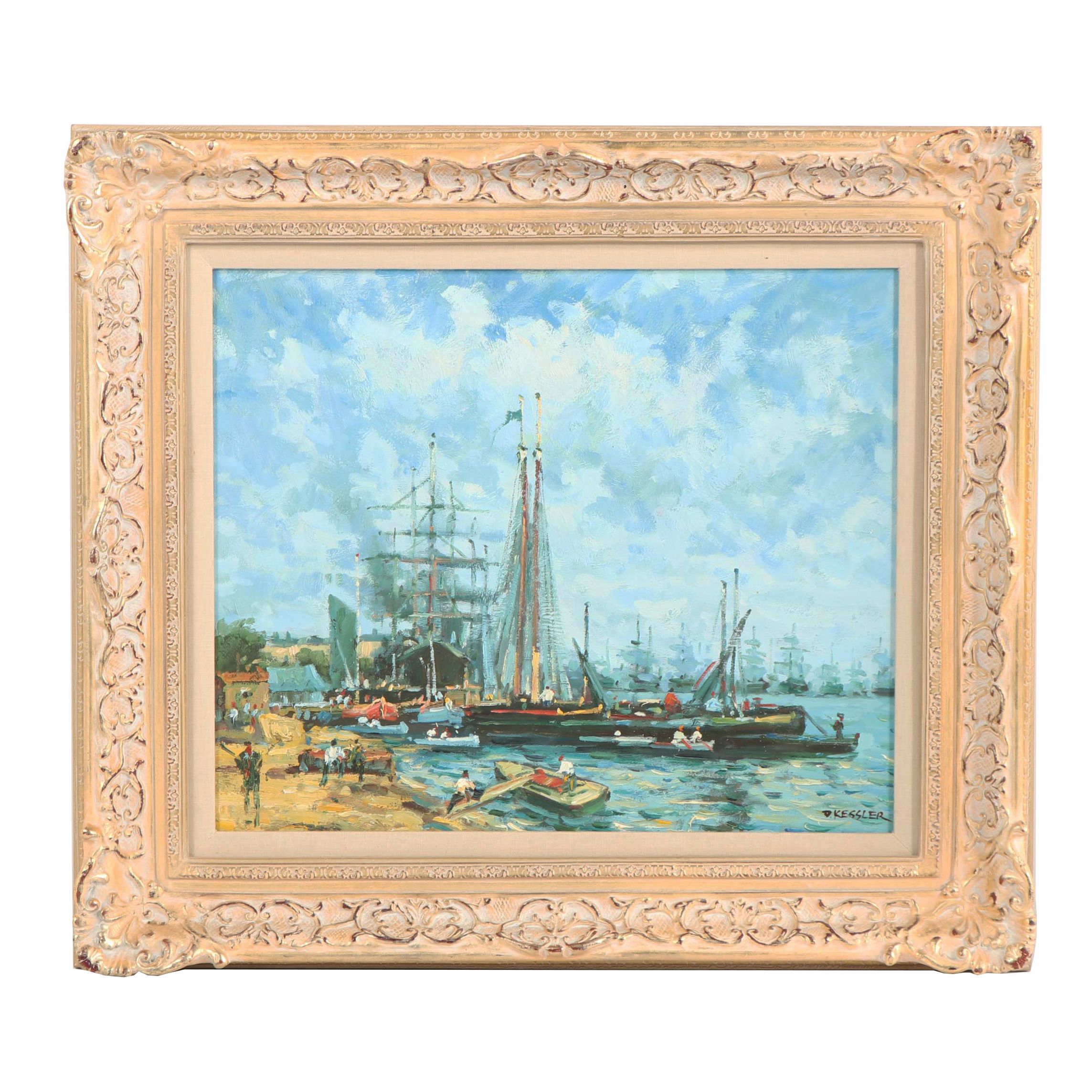 D. Kessler Harbor Scene with Ships Oil Painting