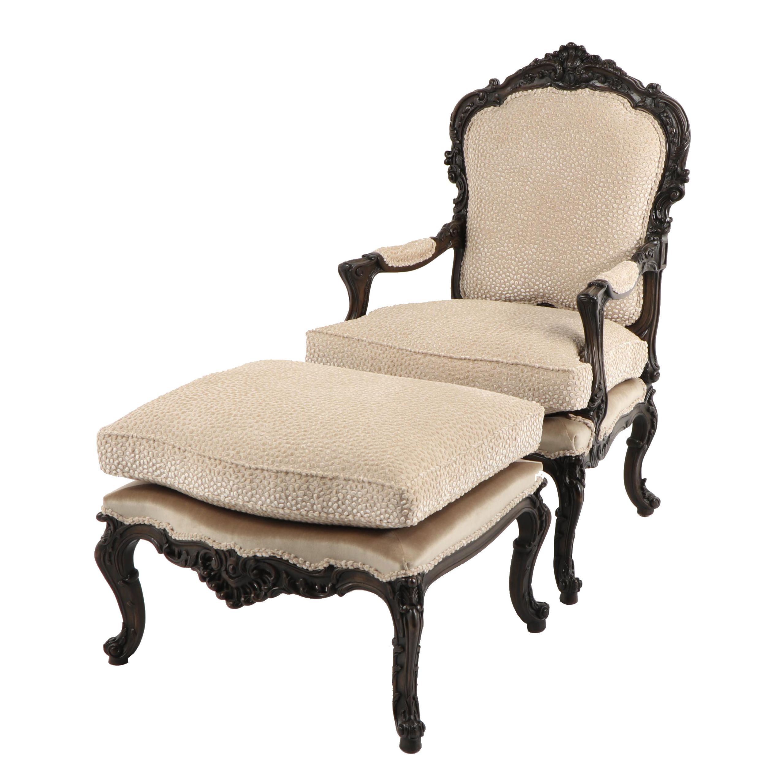 French Provincial Style Carved Wood Armchair and Ottoman, 21st Century