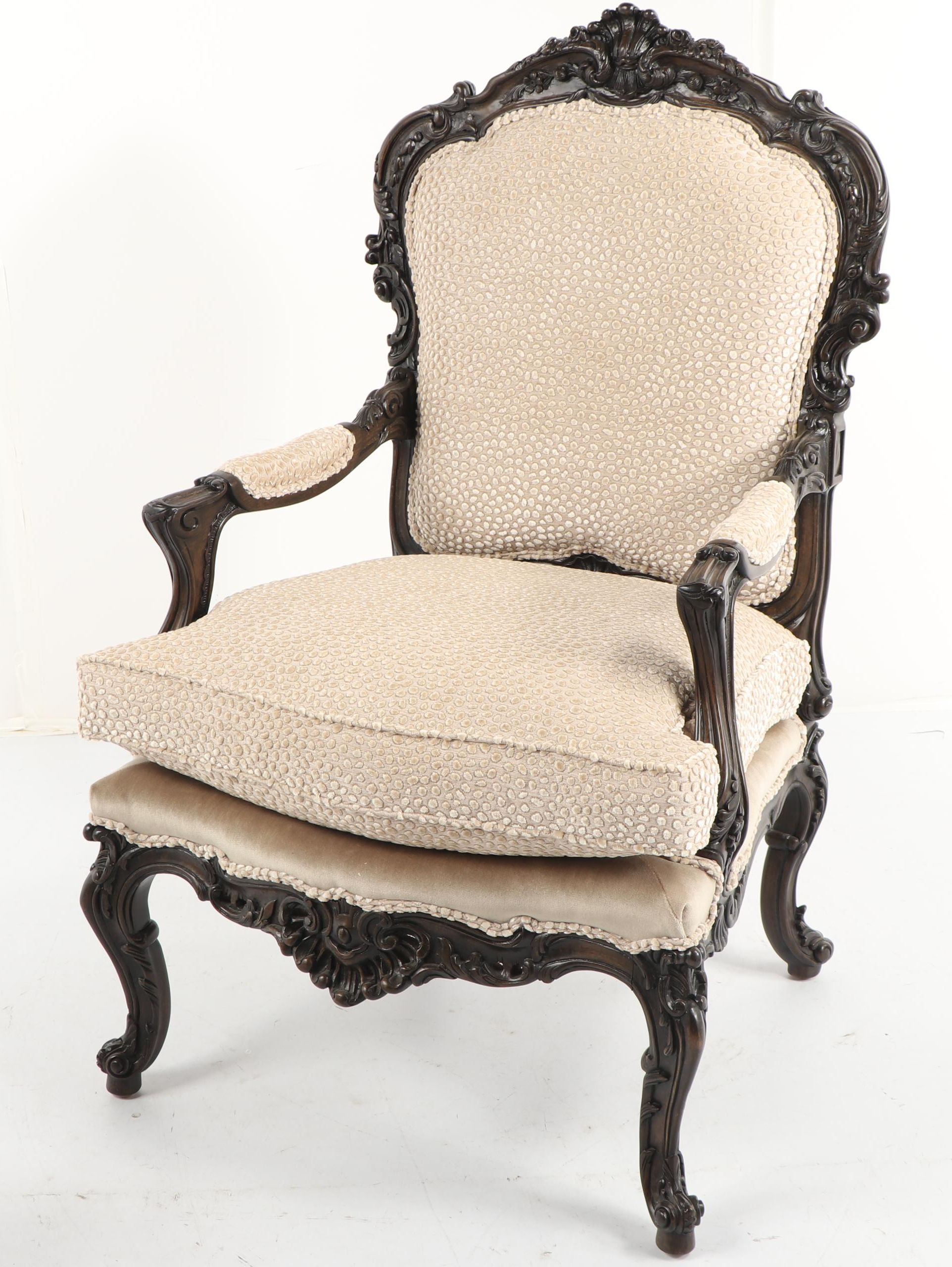 French Provincial Style Carved Wood Armchair and Ottoman, 21st Century