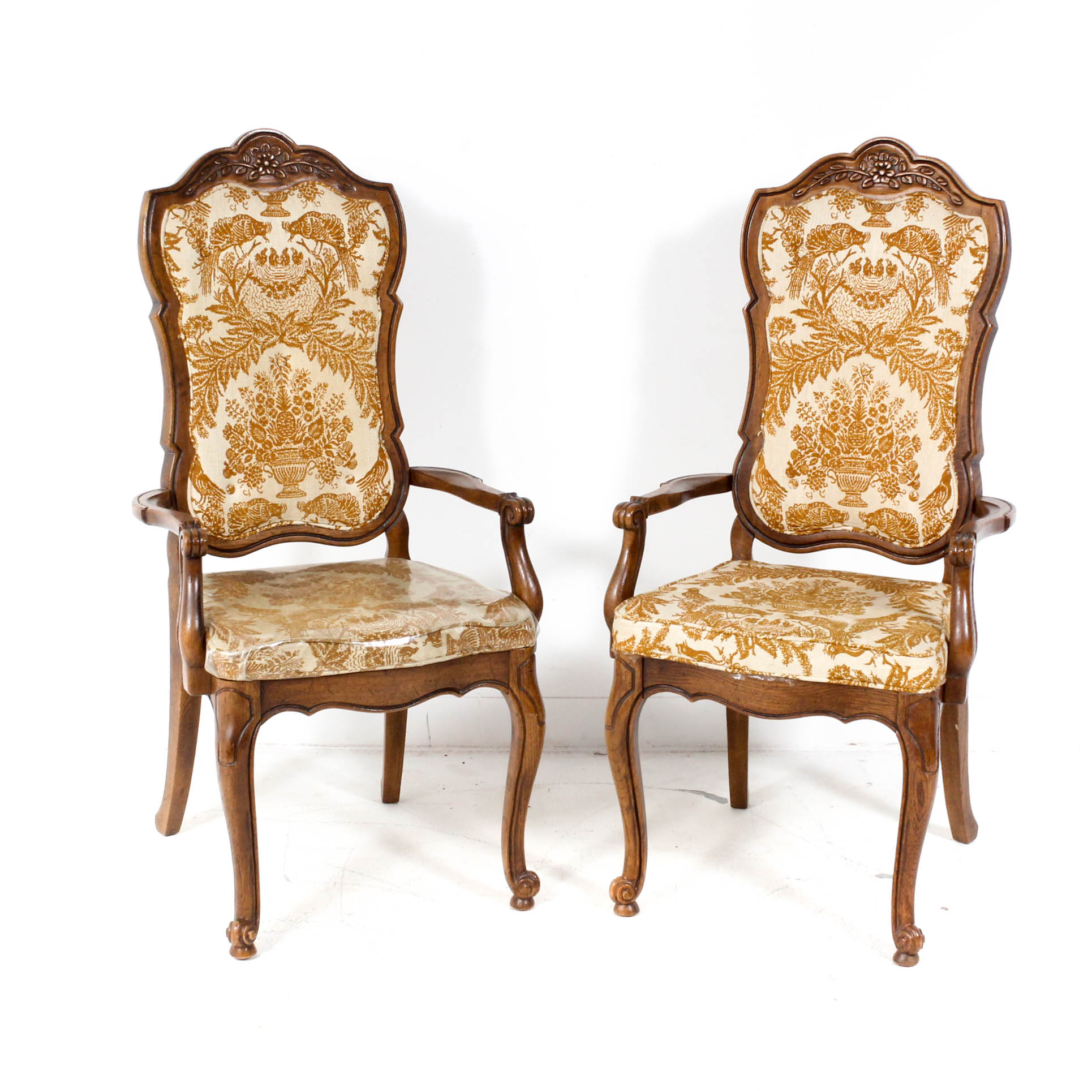 Vintage Wood Upholstered Arm Chairs