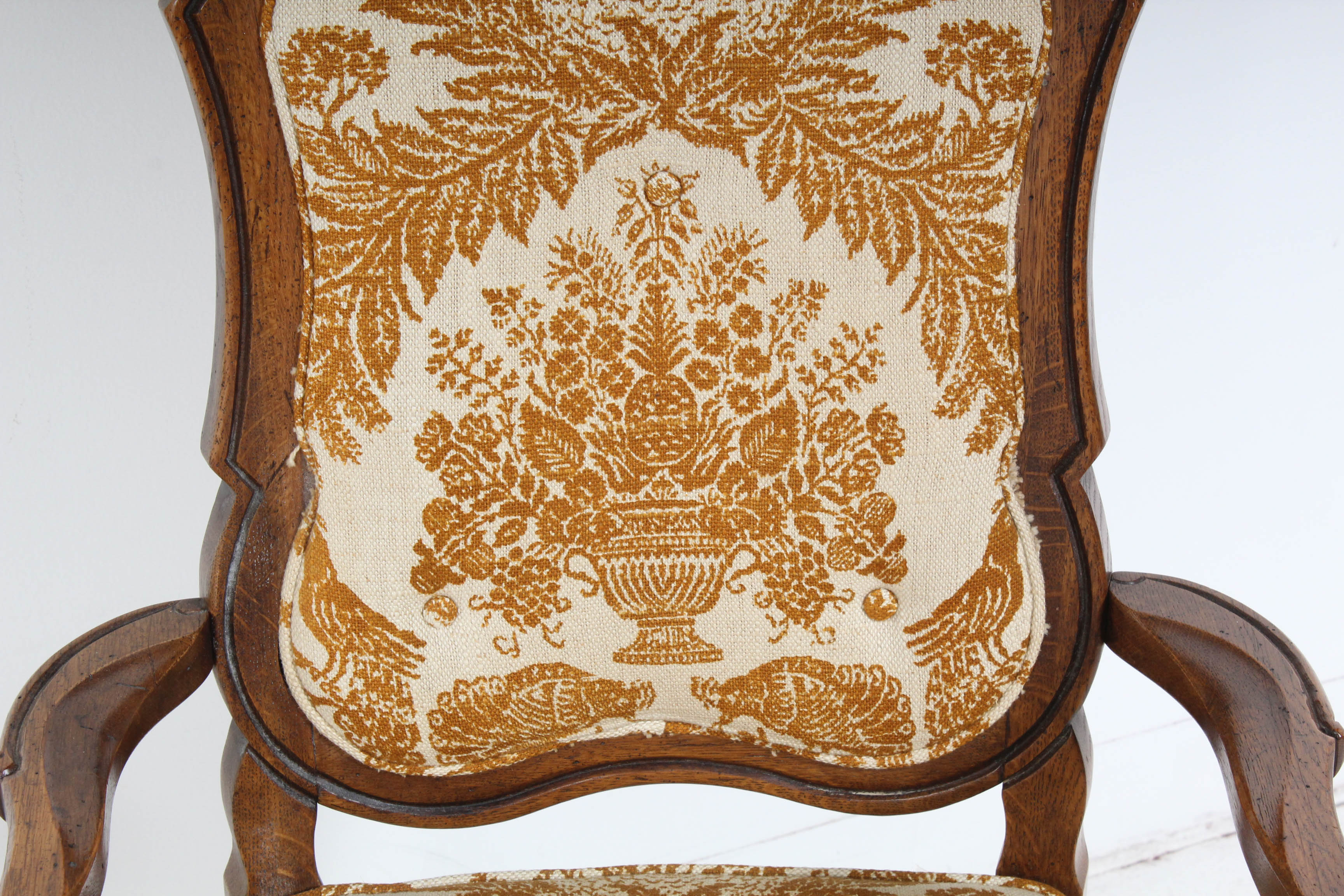 Vintage Wood Upholstered Arm Chairs