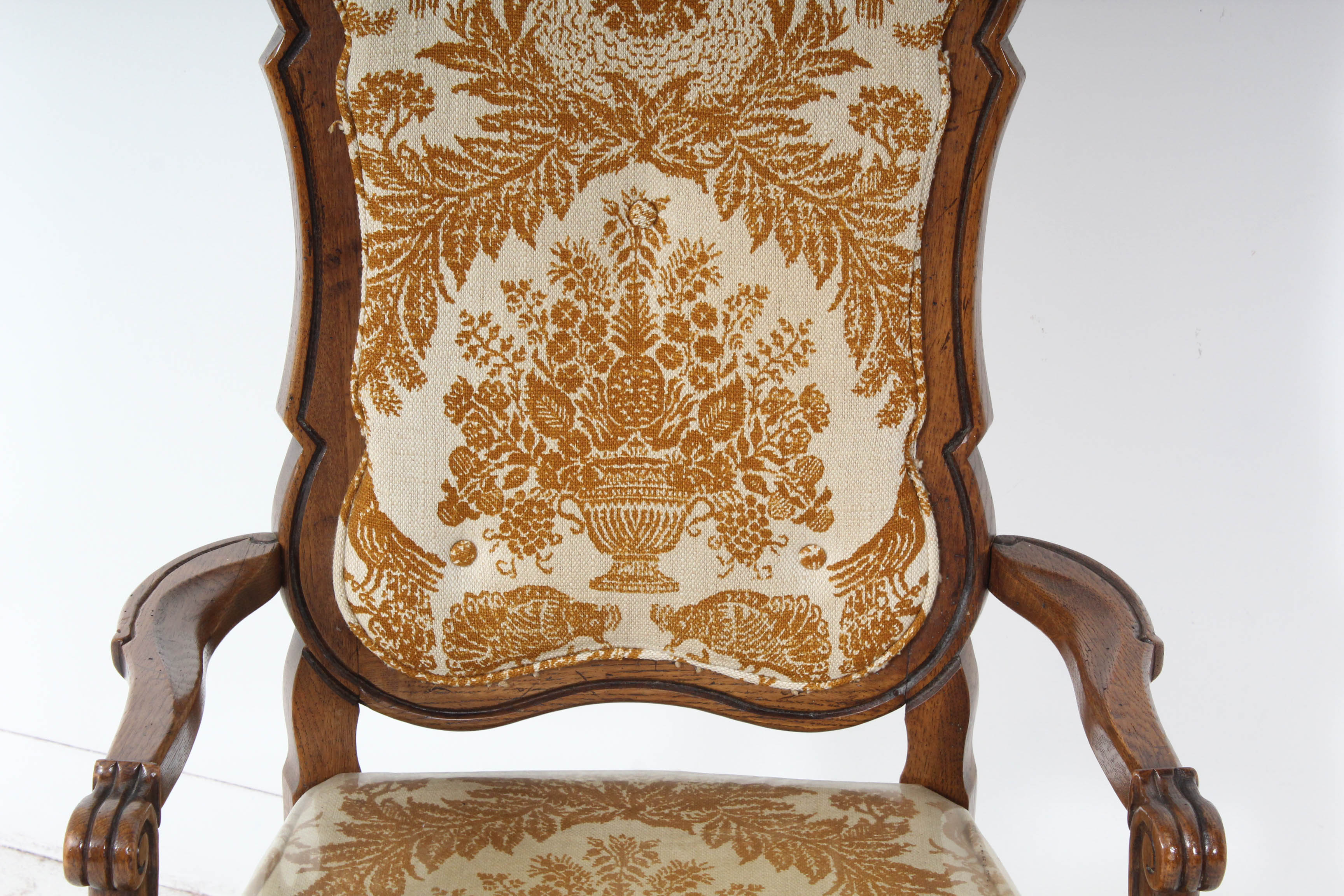 Vintage Wood Upholstered Arm Chairs