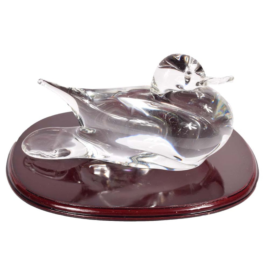 Glass Duck Figurine and Wooden Base