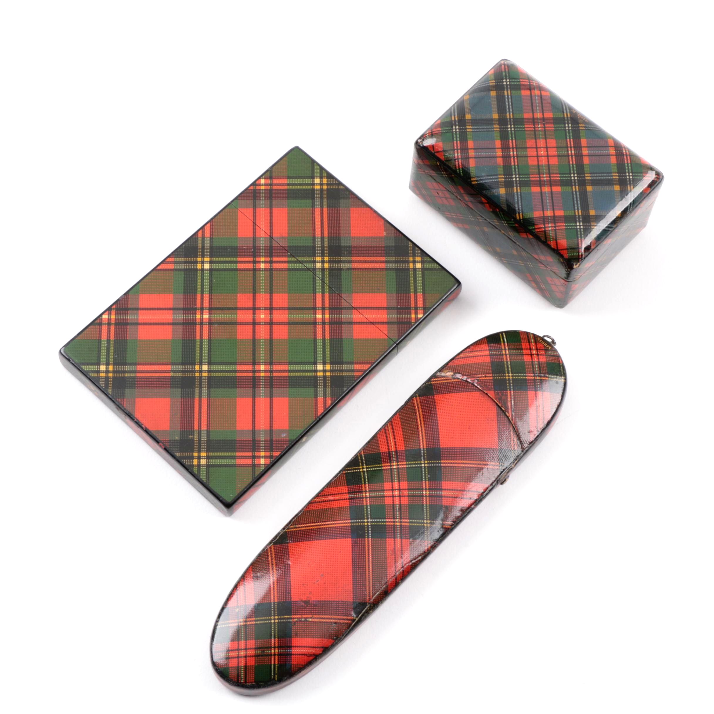 Vintage Scottish Mauchline Tartan Ware Desk Accessories