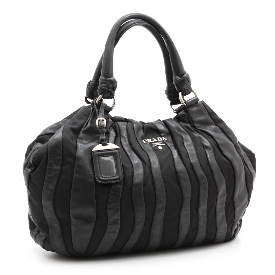 Prada Black Lambskin and Nylon Striped Hobo Bag