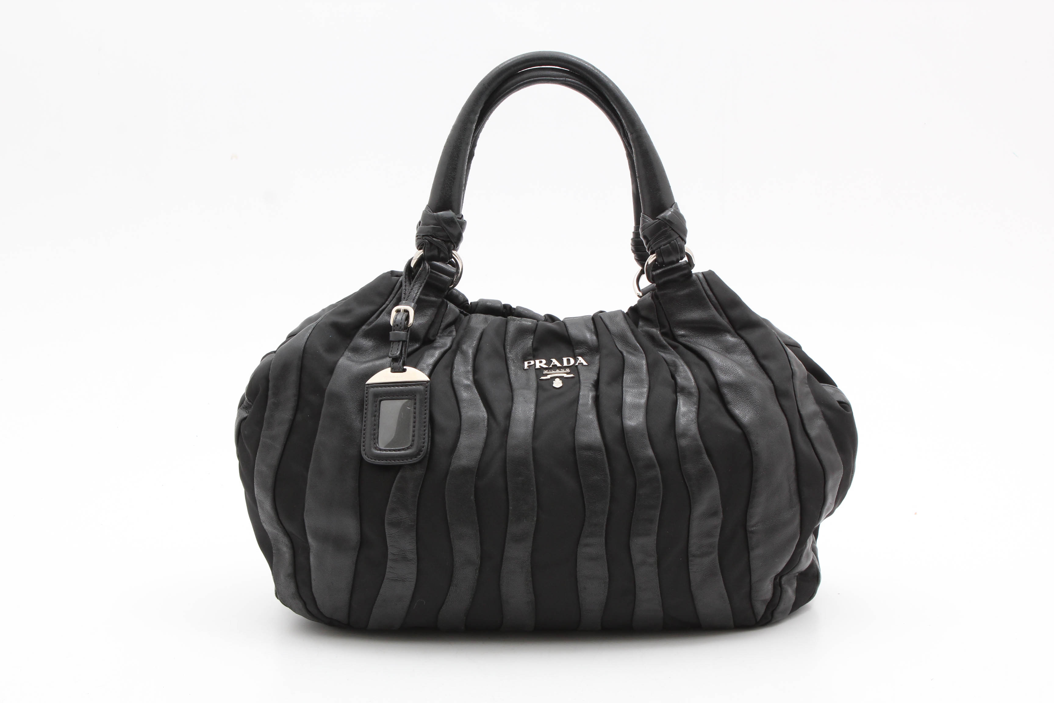Prada Black Lambskin and Nylon Striped Hobo Bag